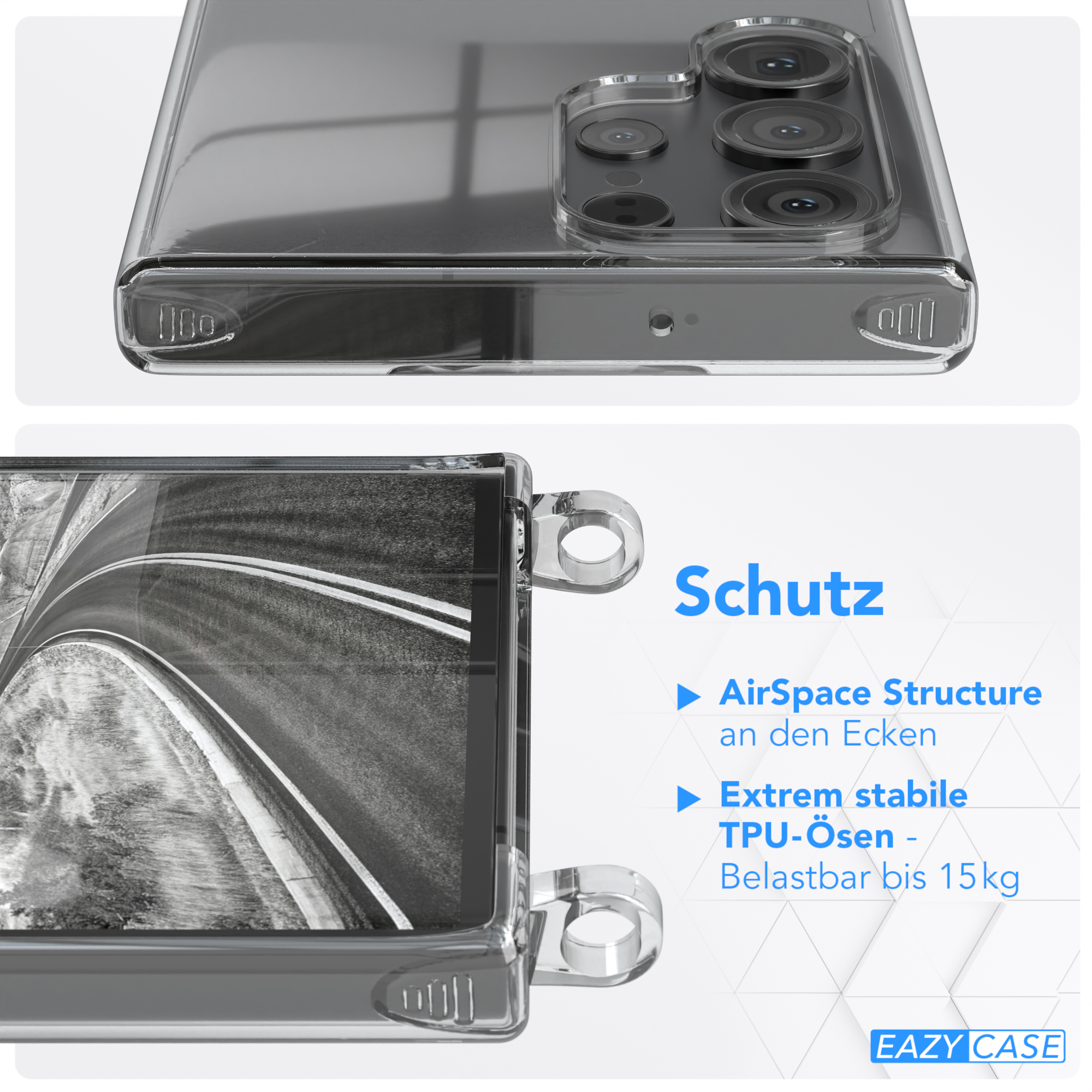 Transparente Handyhülle mit Text. Zeigt die Eckstruktur mit dem Text: AirSpace Structure und TPU-Ösen.