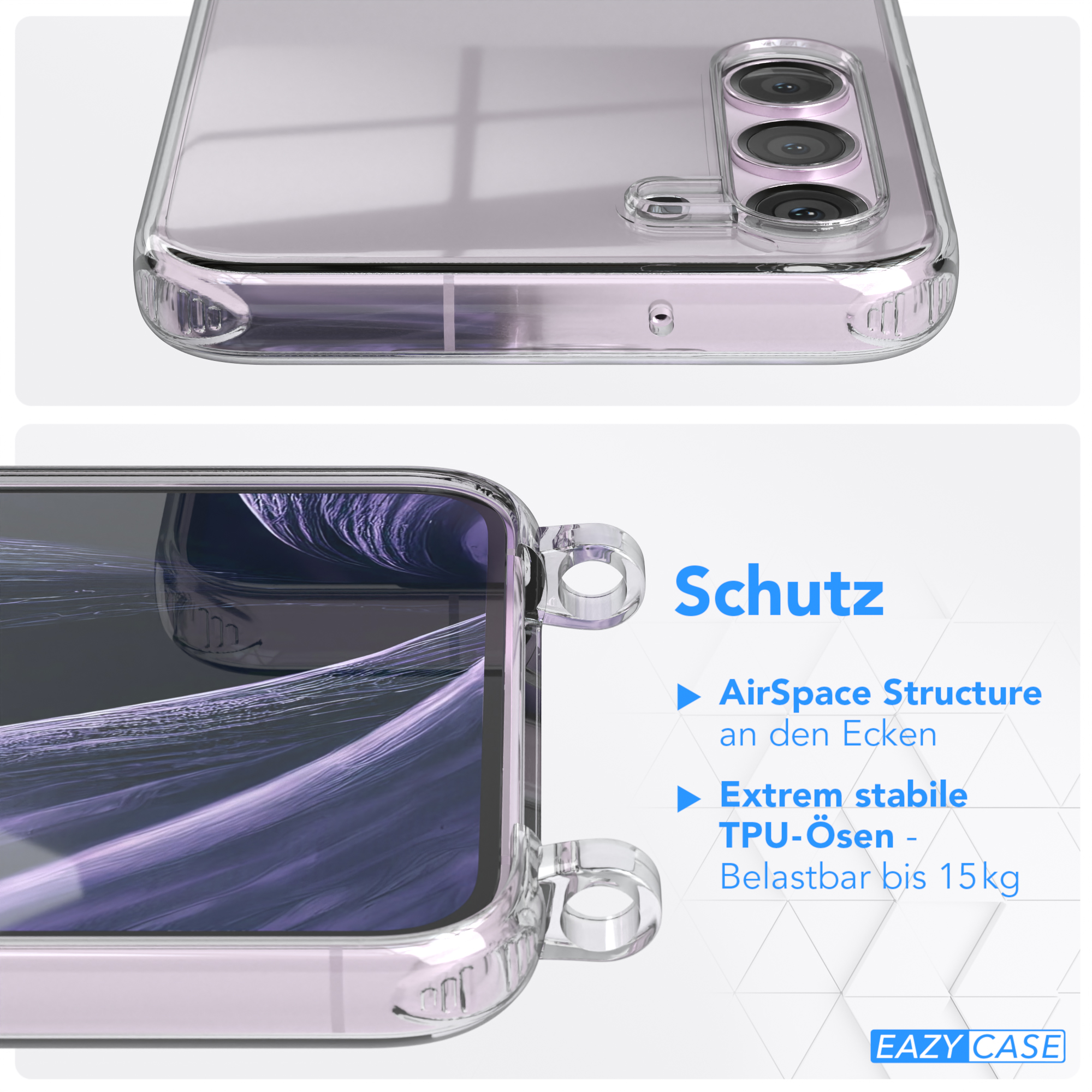 Eine transparente Handyhülle mit einem Handy darin, Text-Overlay. Der Hintergrund ist eine Nahaufnahme.