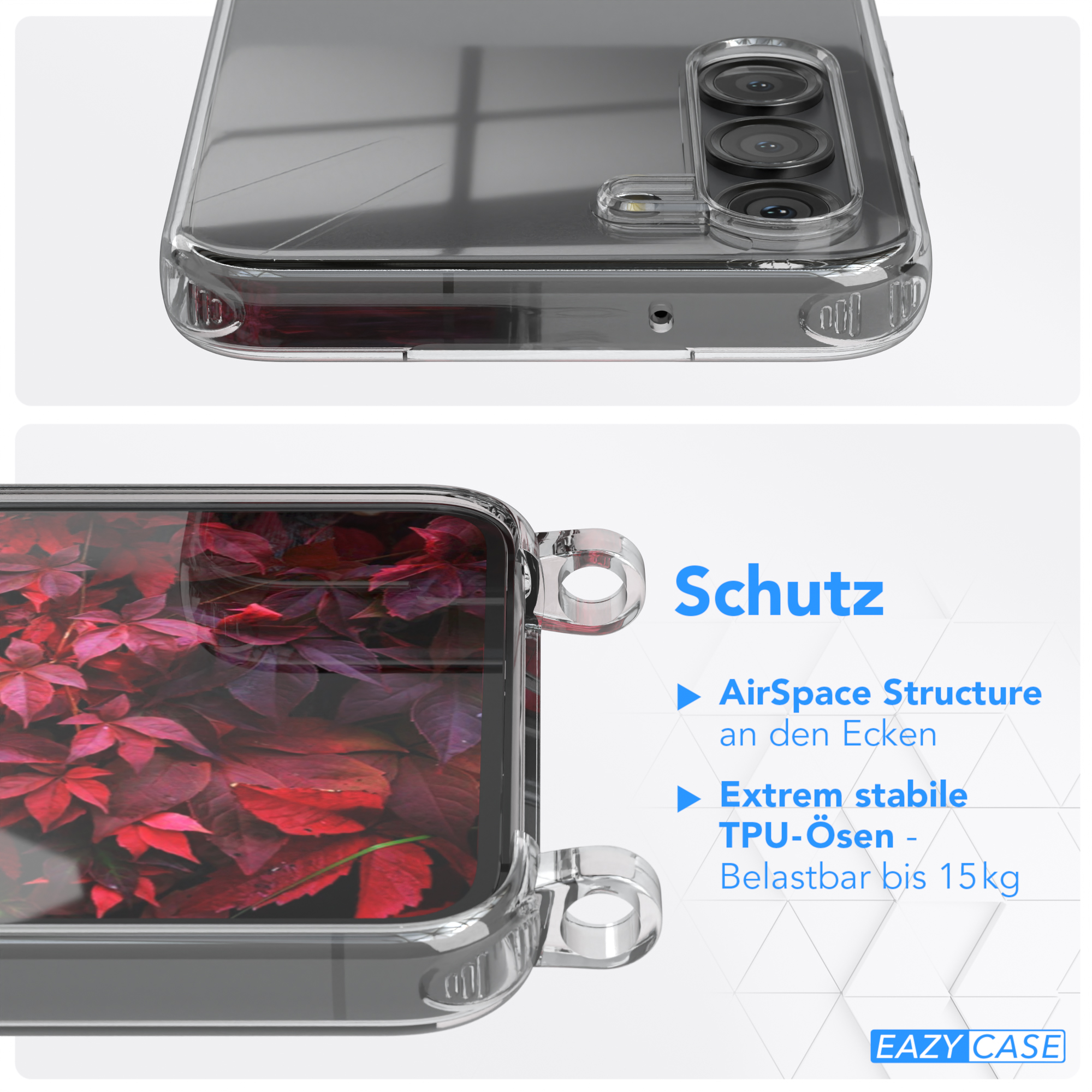 Nahaufnahme einer Handyhülle, mit Text über Schutzfunktionen und Blick auf einen roten floralen Hintergrund.