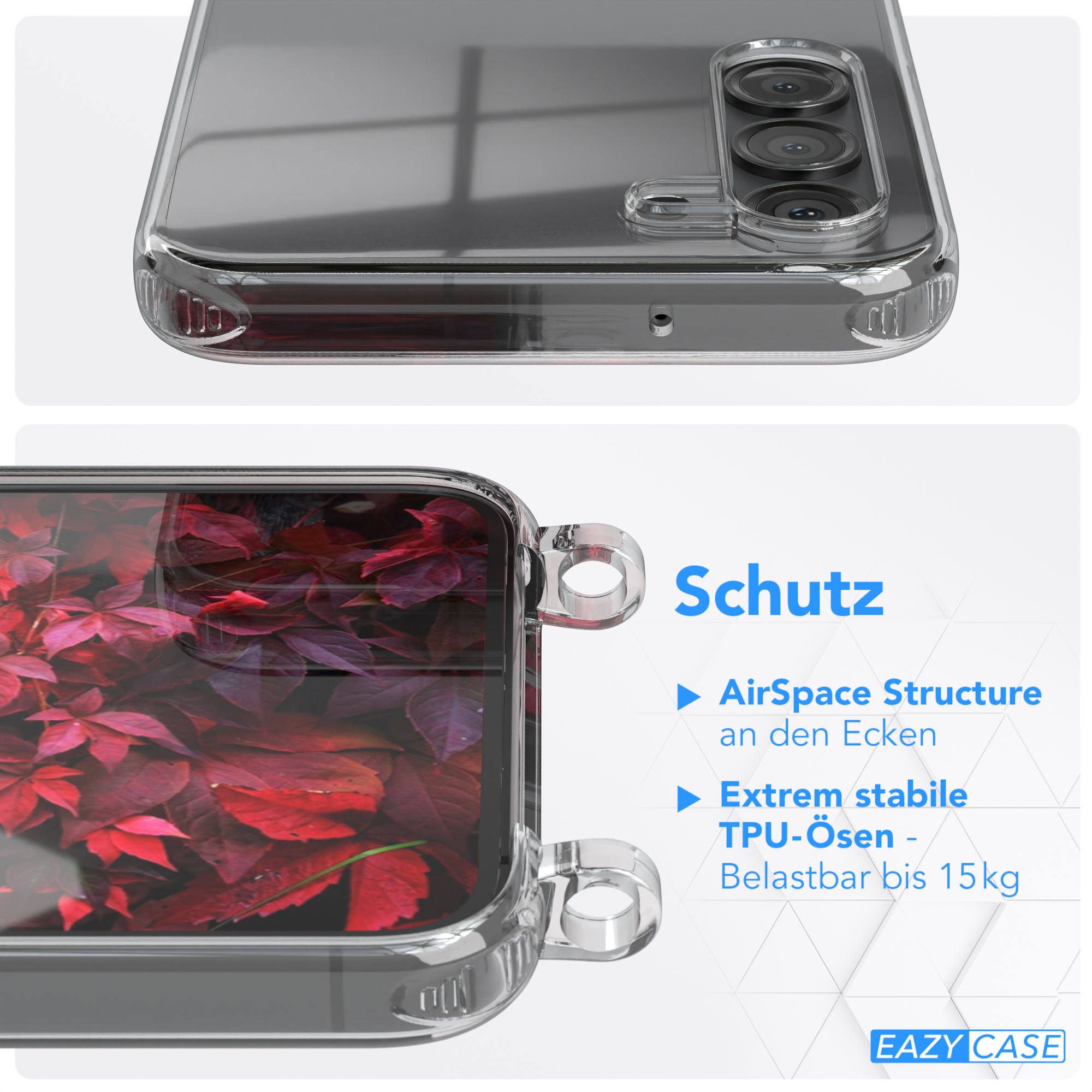 Eine transparente Handyhülle mit floralem Design und Text, der Schutzmerkmale angibt.