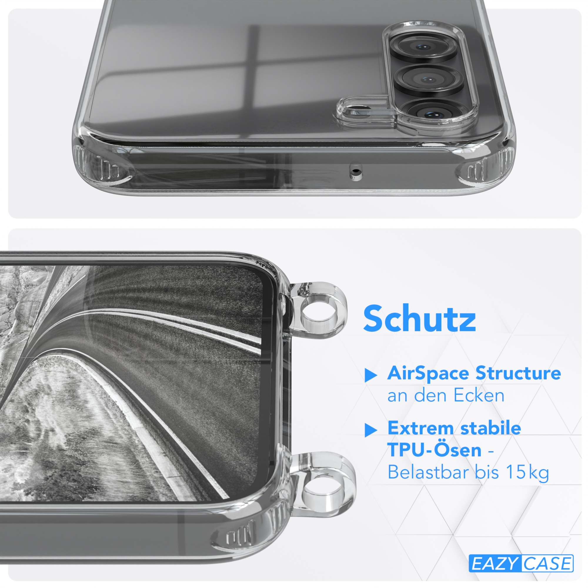 Eine transparente Handyhülle mit Text über Airspace-Struktur und robustem TPU, auf weißem Grund.