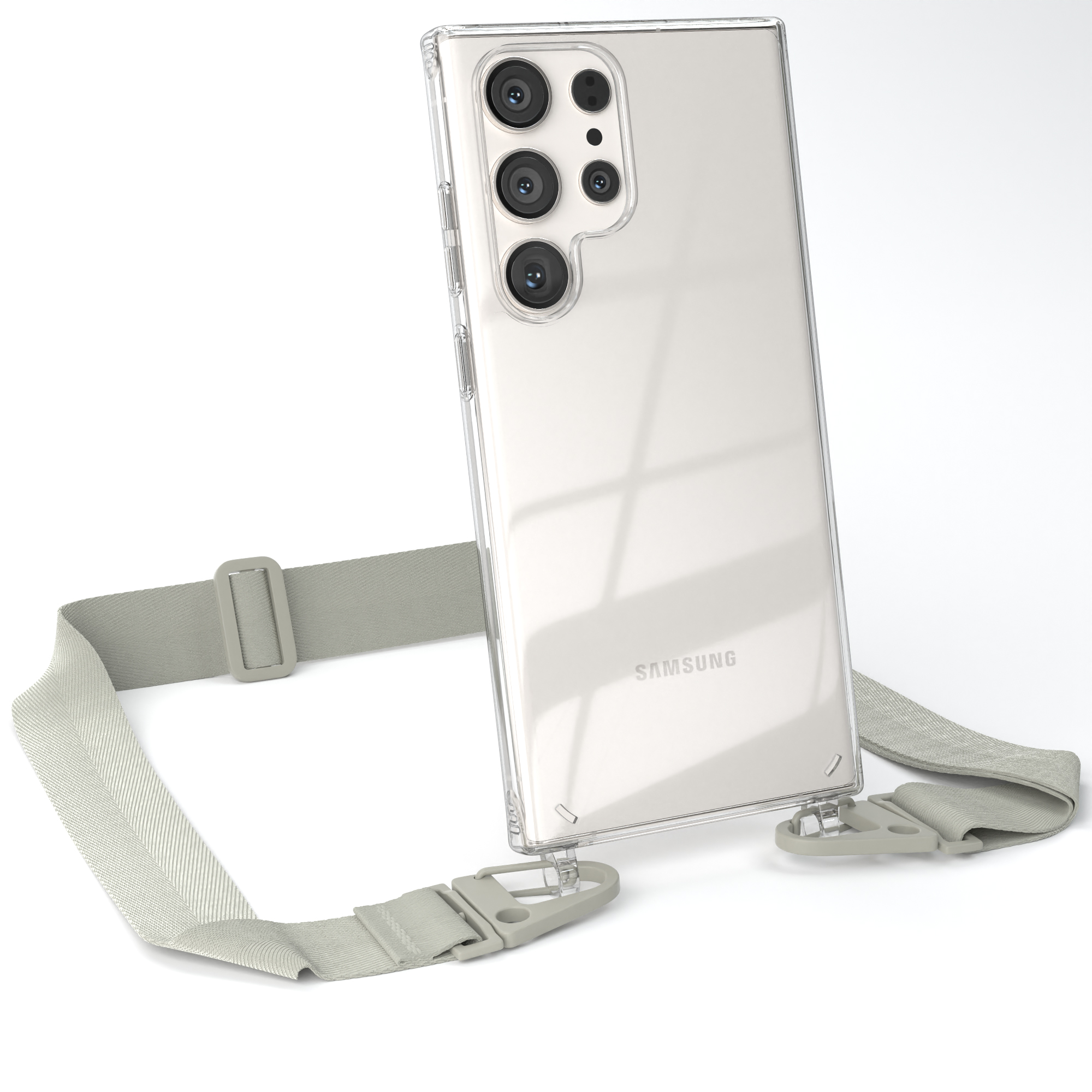 Eine transparente Handyhülle mit grauem Riemen und einem Handy.