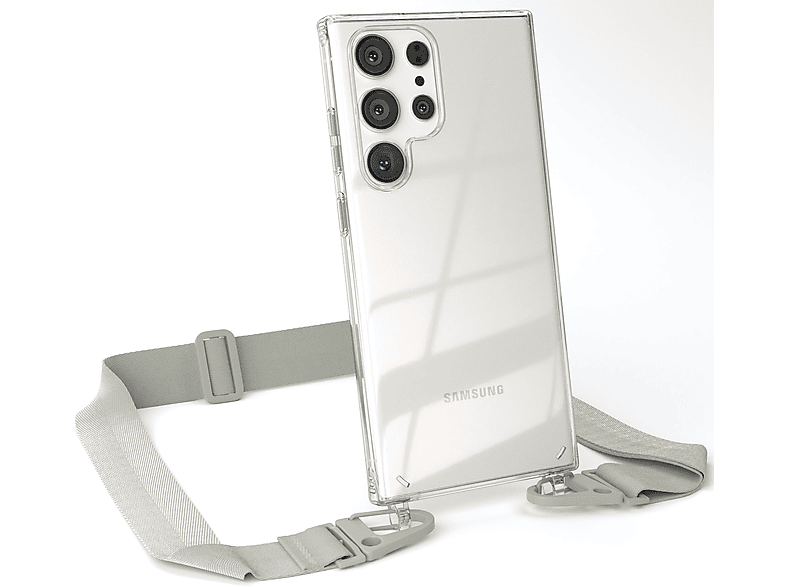 EAZY CASE Transparente Handyhülle mit breiter Kordel + Karabiner, Umhängetasche, Samsung, Galaxy S23 Ultra, Beige Grau / Taupe