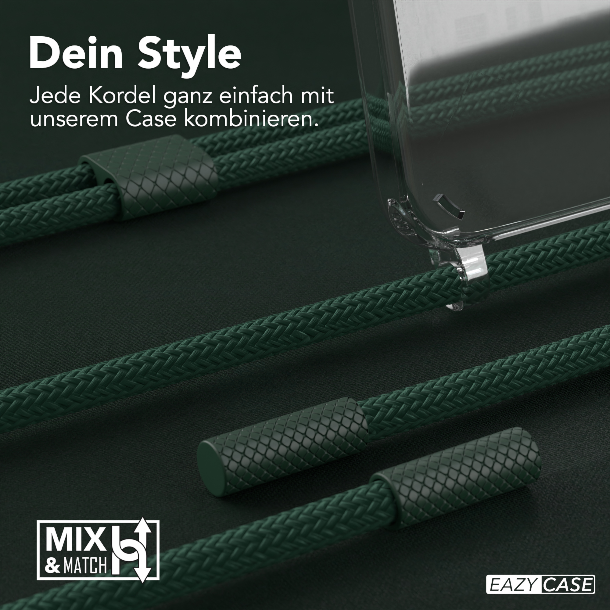 Nahaufnahme von grünen Kordeln und einer durchsichtigen Handyhülle. Dunkelgrüne Akzente, weißer Hintergrund.
