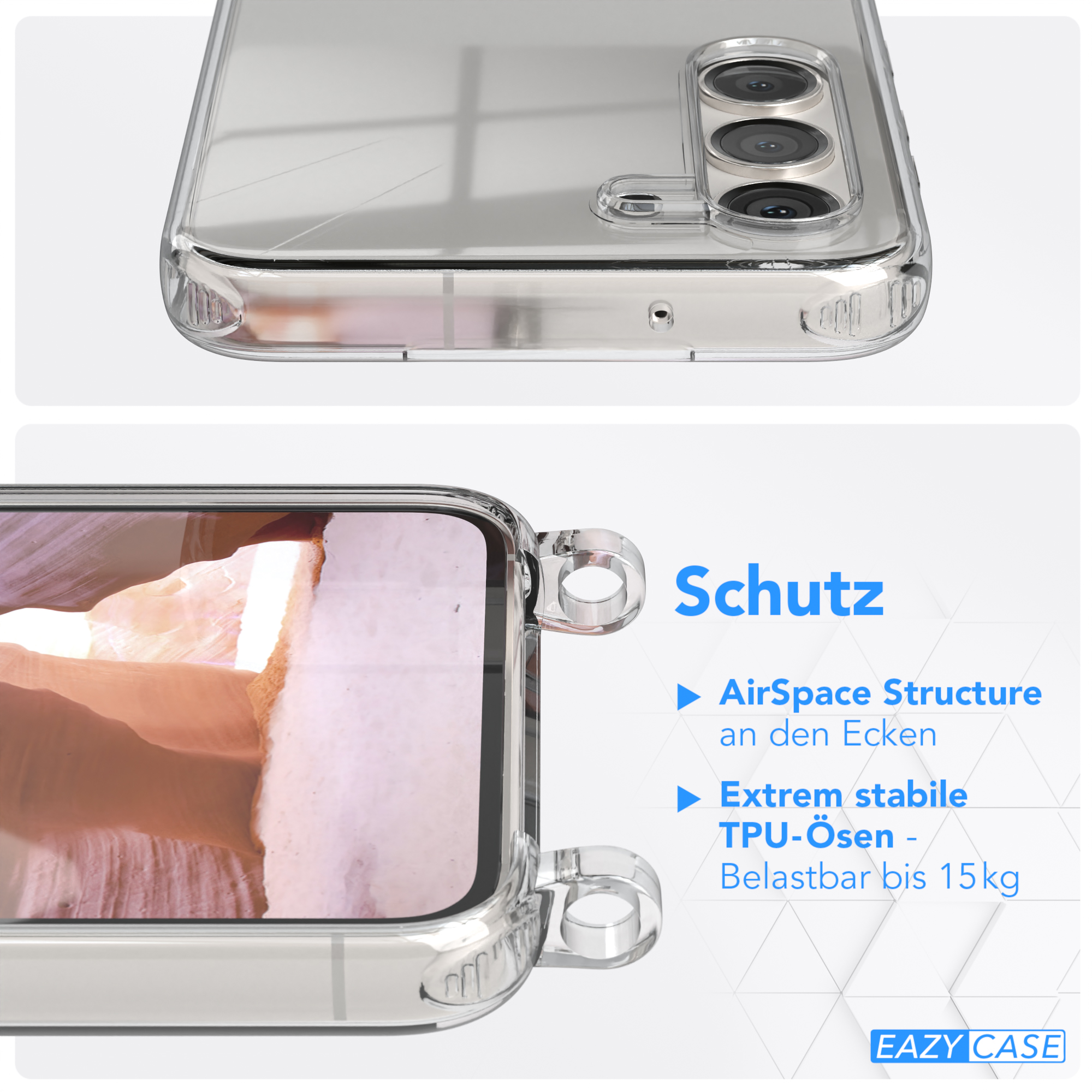 Nahaufnahme der Handyhülle mit Kamera und Schutzfunktionen. Textüberlagerungen.