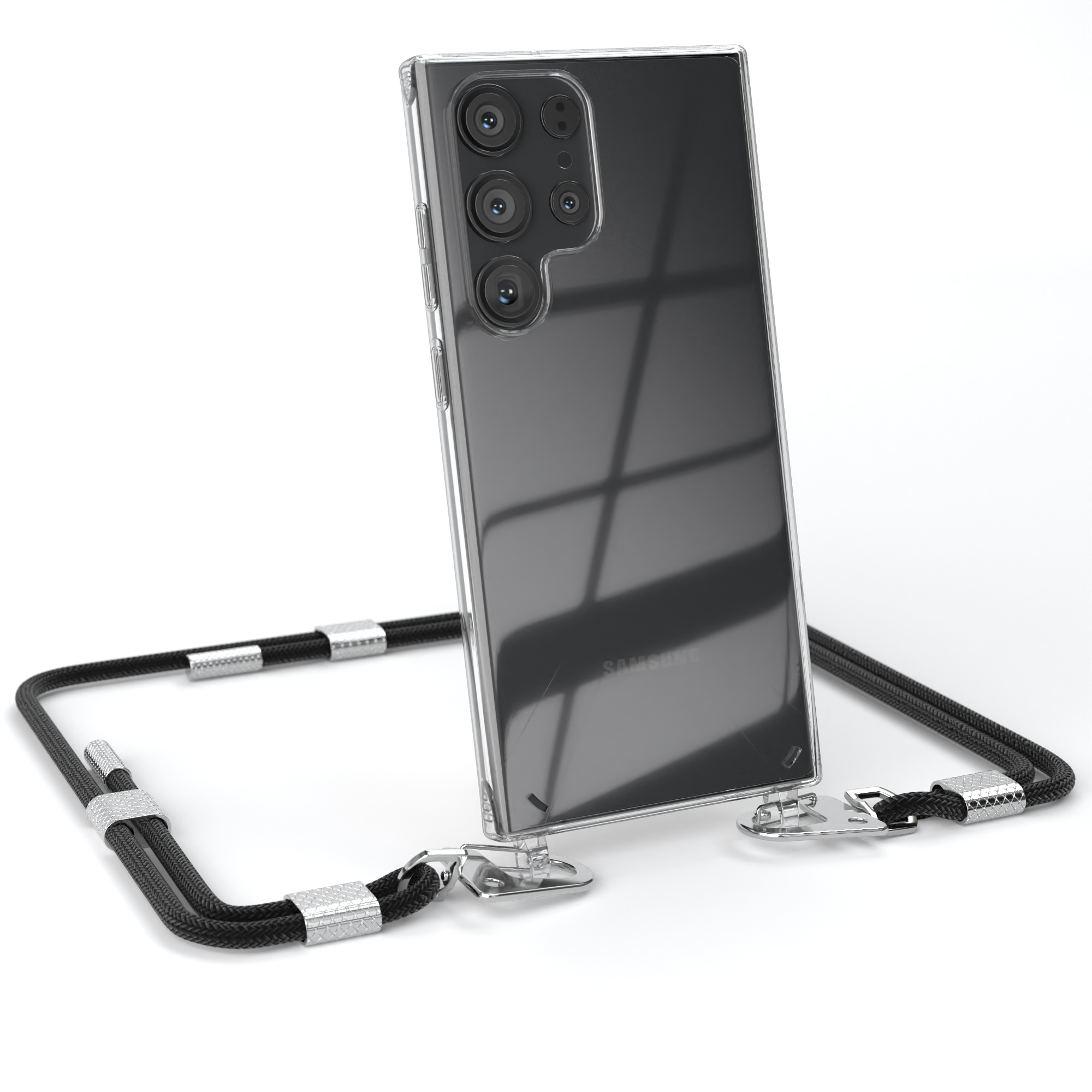 Eine transparente Handyhülle mit einem schwarzen Umhängeband. Auf dem Telefon ist ein Samsung-Logo zu sehen.