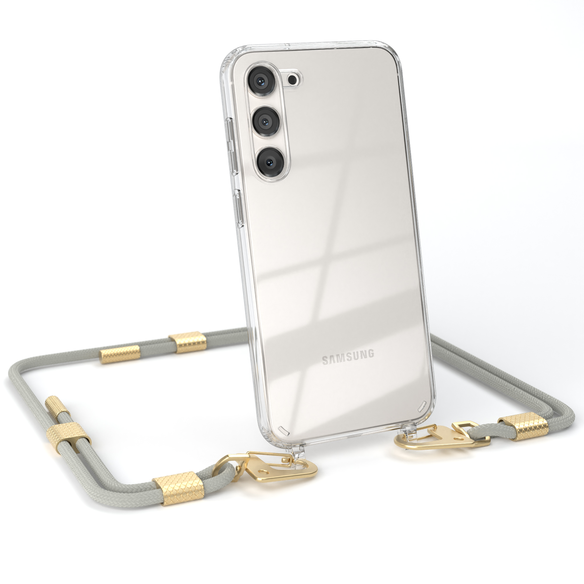 Beige mit Samsung, + Umhängetasche, runder Gold Taupe S23 Matt Karabiner, Galaxy Handyhülle EAZY CASE Plus, Transparente Kordel /