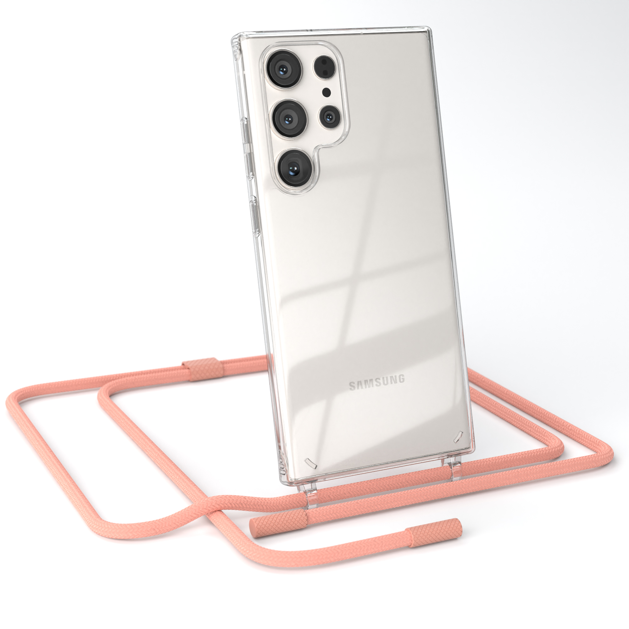 Transparente Handyhülle mit transparentem Band und rosa Kordel. Drei Kameras sichtbar.