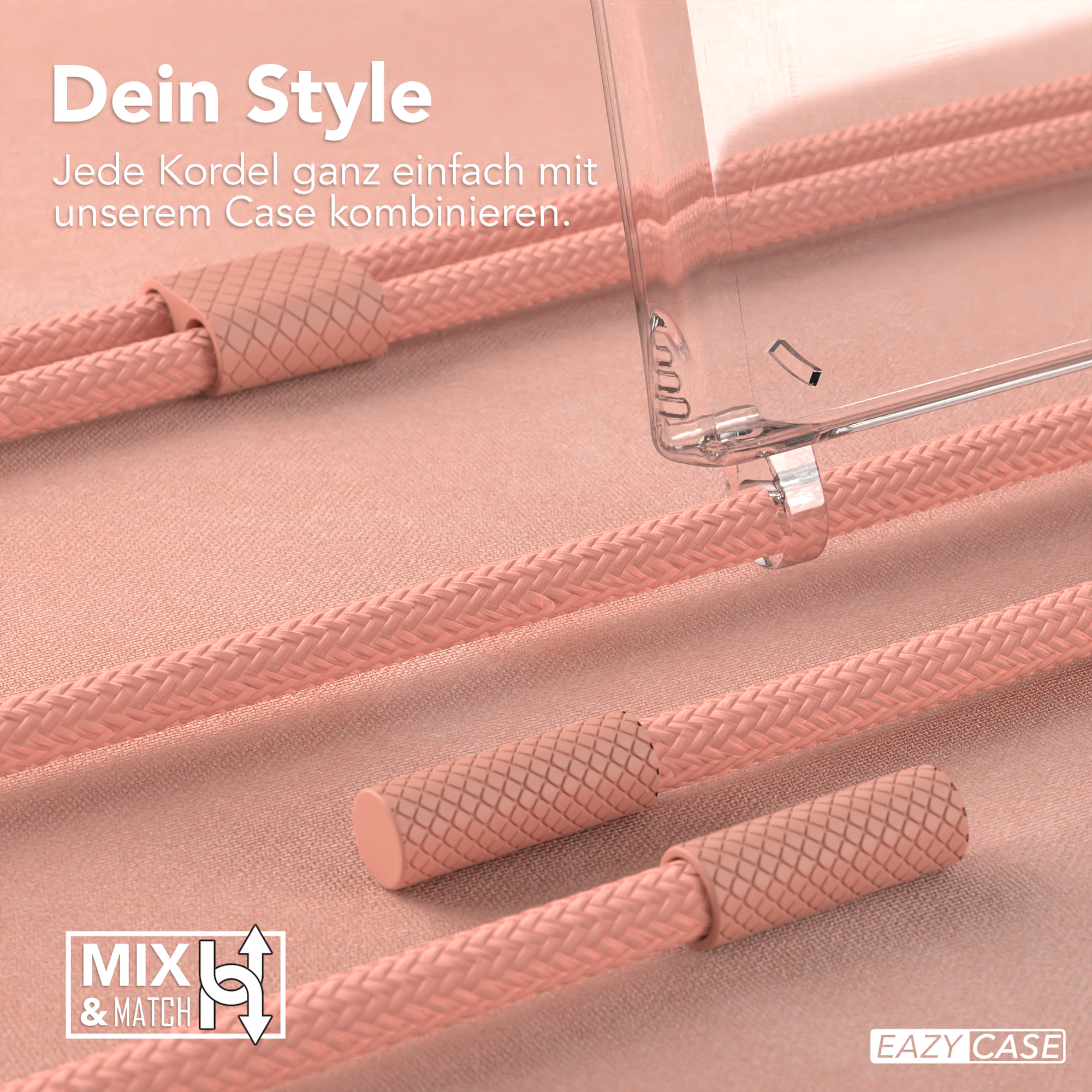 Pinkfarbene Handyriemen und -hülle werden gezeigt. Text: Dein Style. Mix & Match Logo.