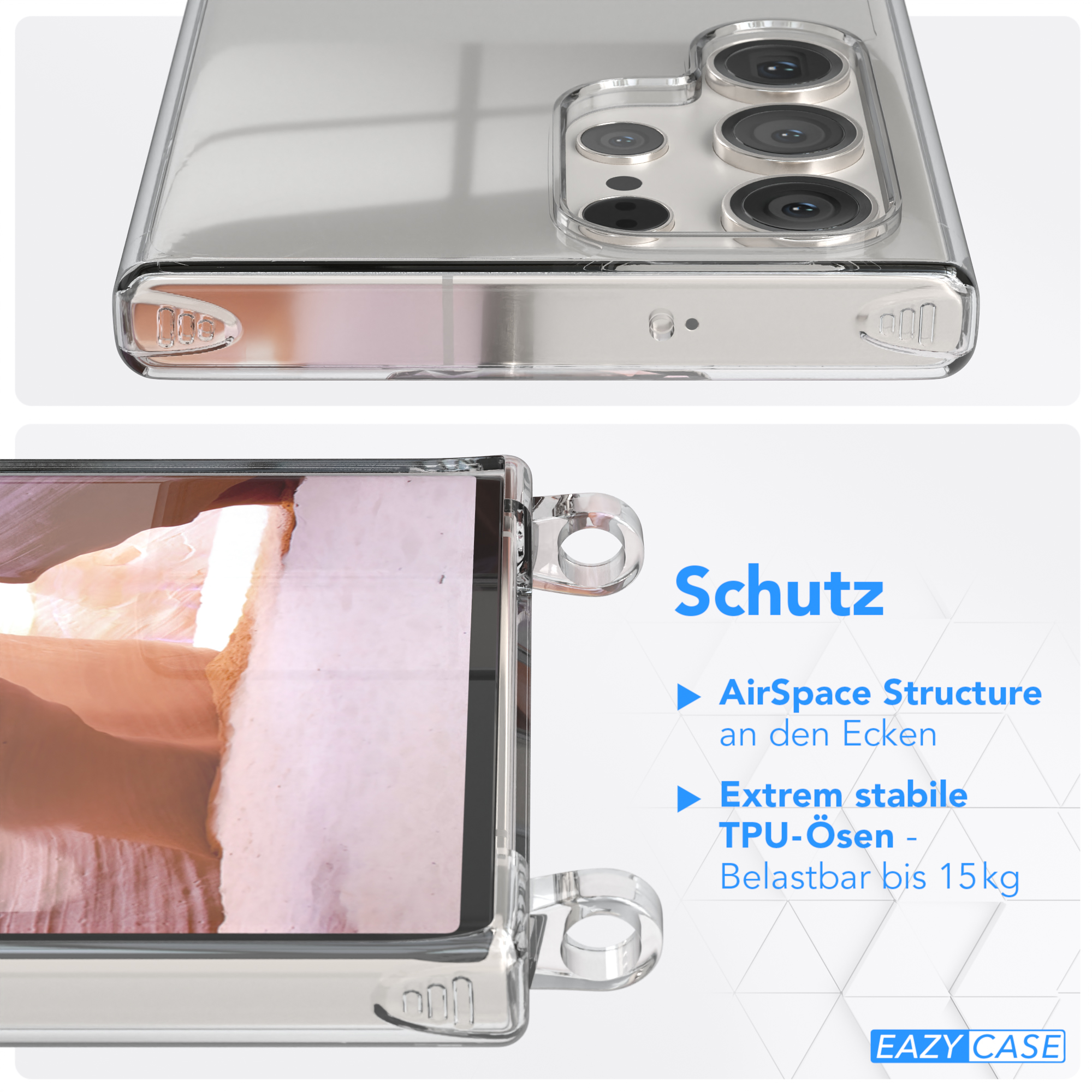 EAZY CASE Transparente Handyhülle mit Kette runder unifarbend, Coral Galaxy Umhängetasche, Samsung, S23 Ultra, / Altrosa