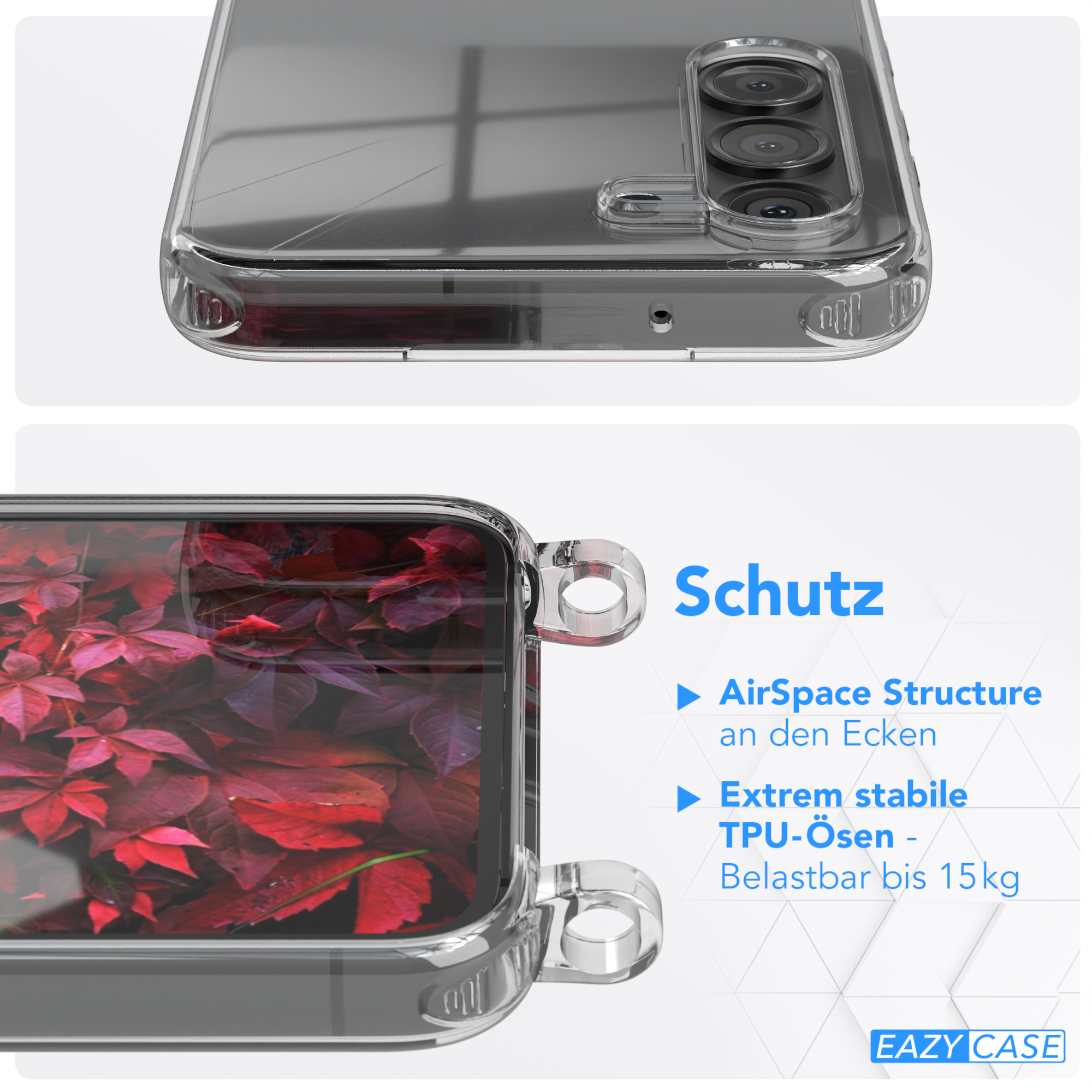 EAZY CASE Karabiner, S23, / Rot Burgundy Beere Umhängetasche, Samsung, Kordel + Galaxy Transparente Handyhülle breiter mit