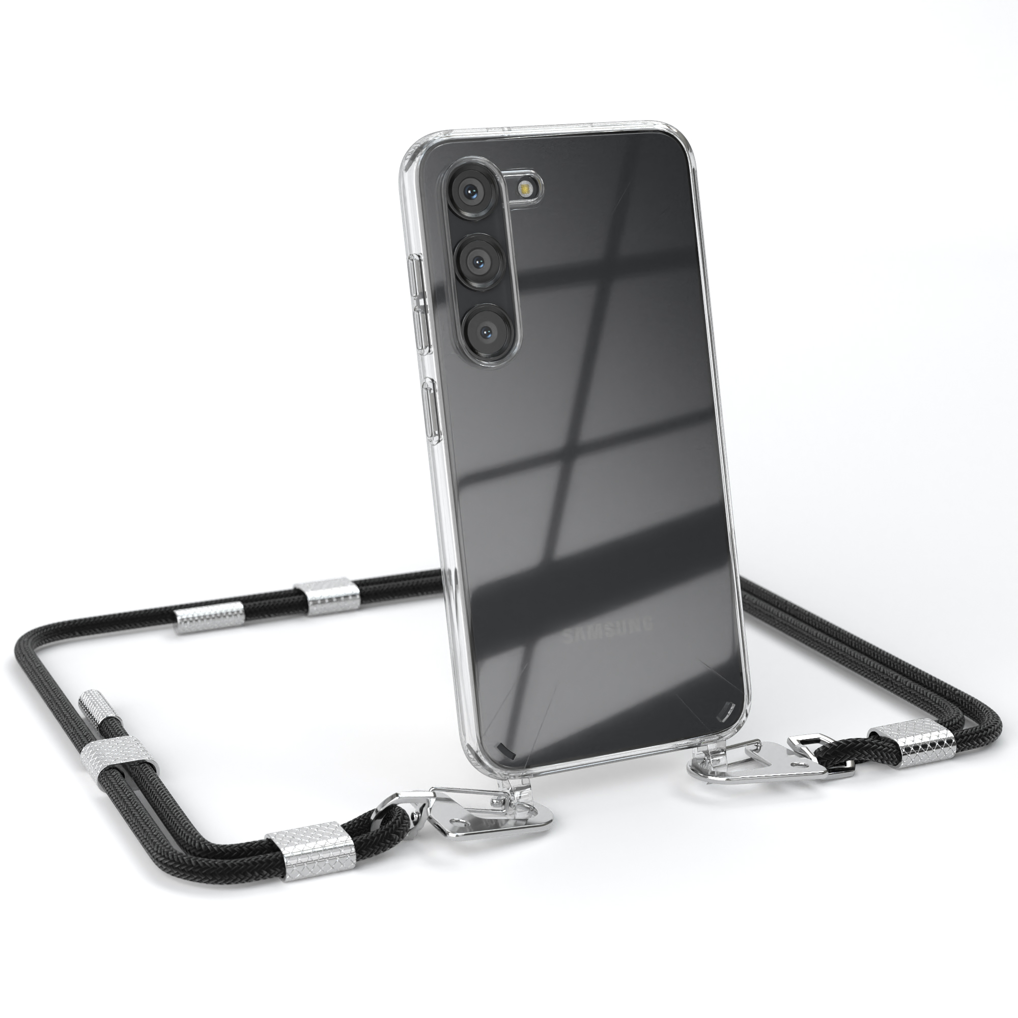 EAZY CASE Transparente Handyhülle mit runder Samsung, Galaxy Schwarz Kordel Umhängetasche, S23, + / Silber Karabiner