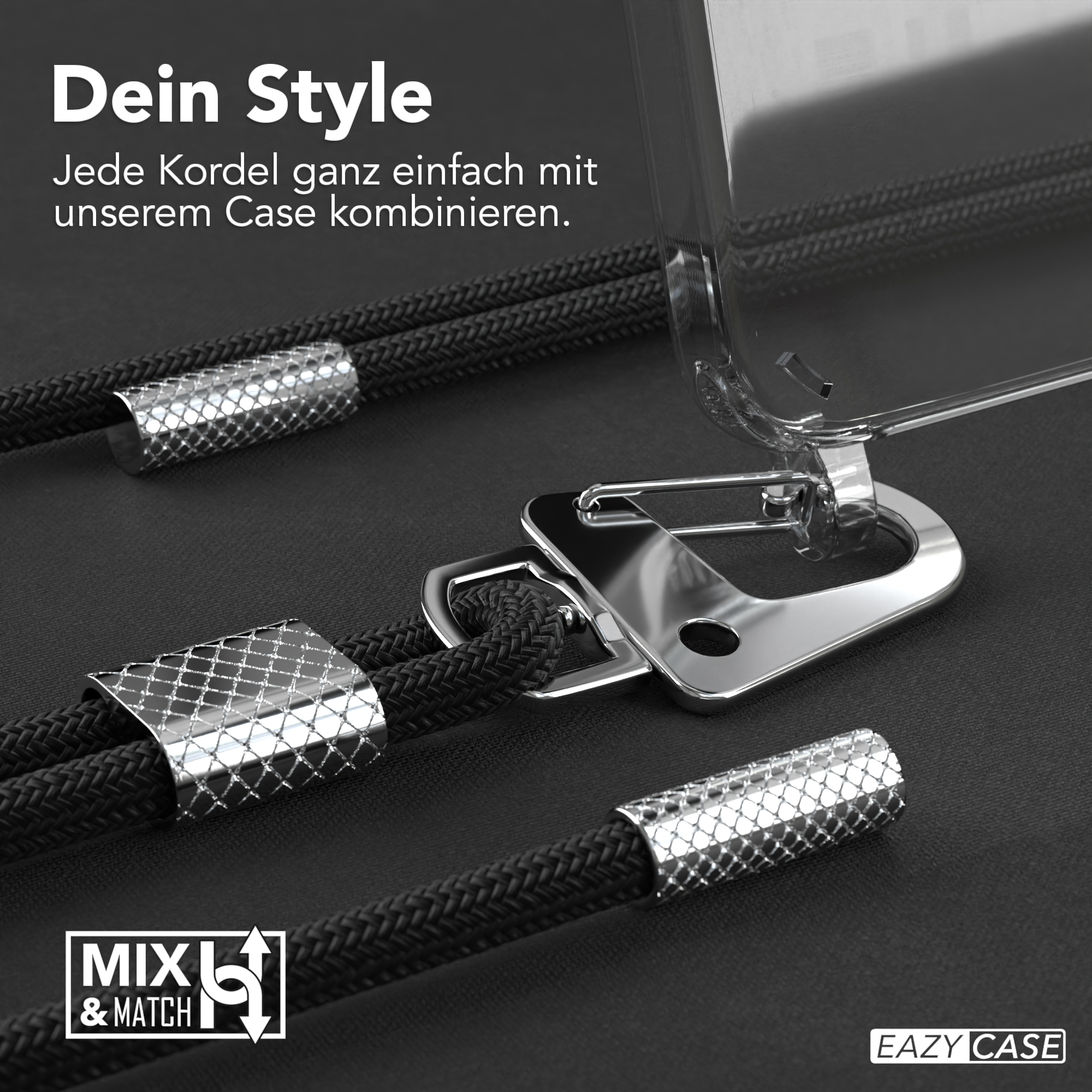 Nahaufnahme der Handyhülle mit schwarzem Riemen. Glänzende Metallteile. Schwarzer Hintergrund.