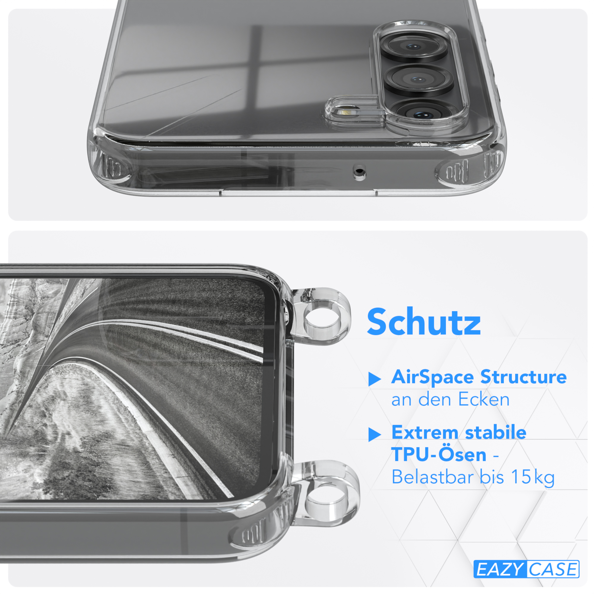 Nahaufnahme einer transparenten Handyhülle mit Text zum Schutz. Klare Hülle mit Telefon.