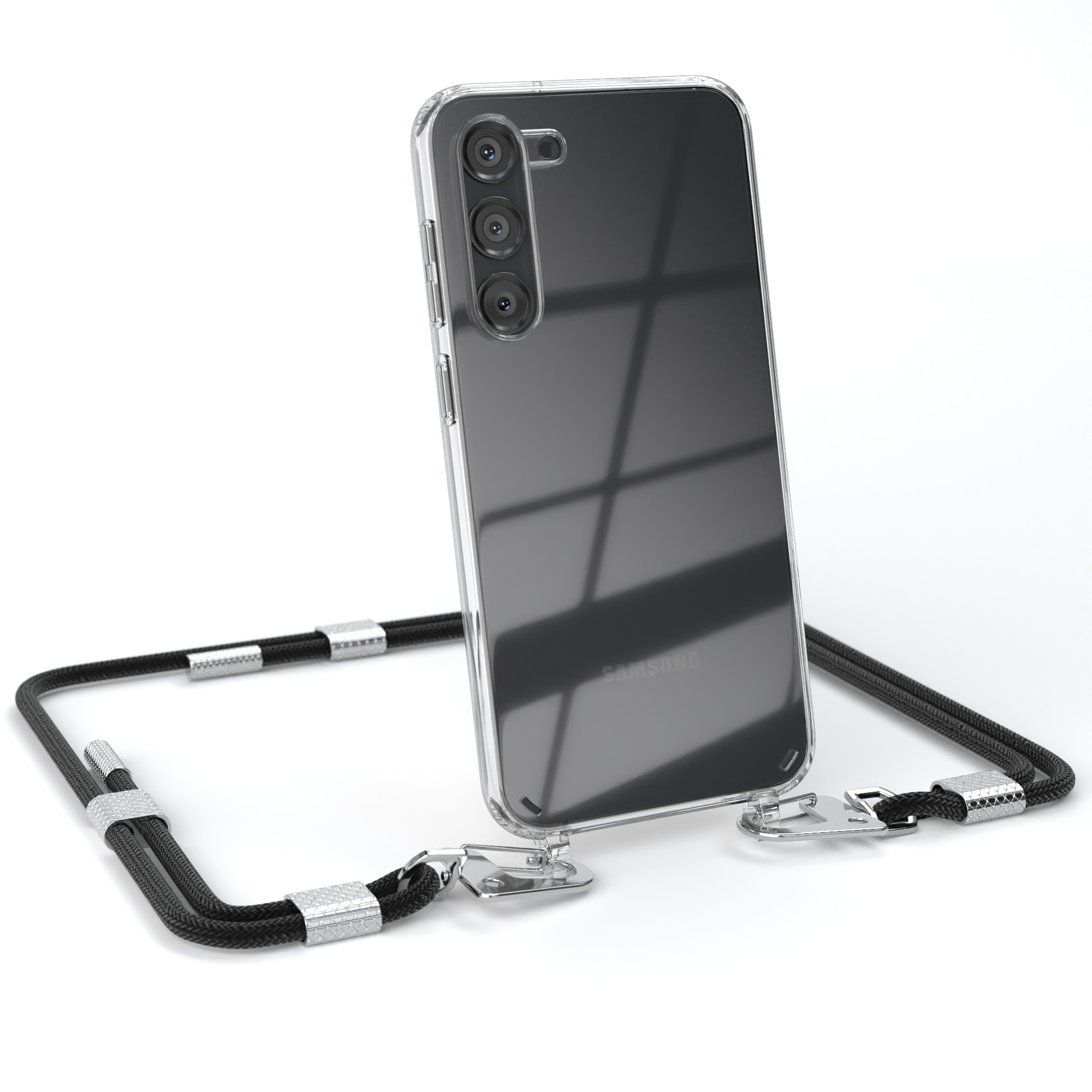 Samsung, Galaxy Silber Transparente + / Handyhülle Schwarz Kordel Umhängetasche, Plus, Karabiner, runder mit S23 EAZY CASE