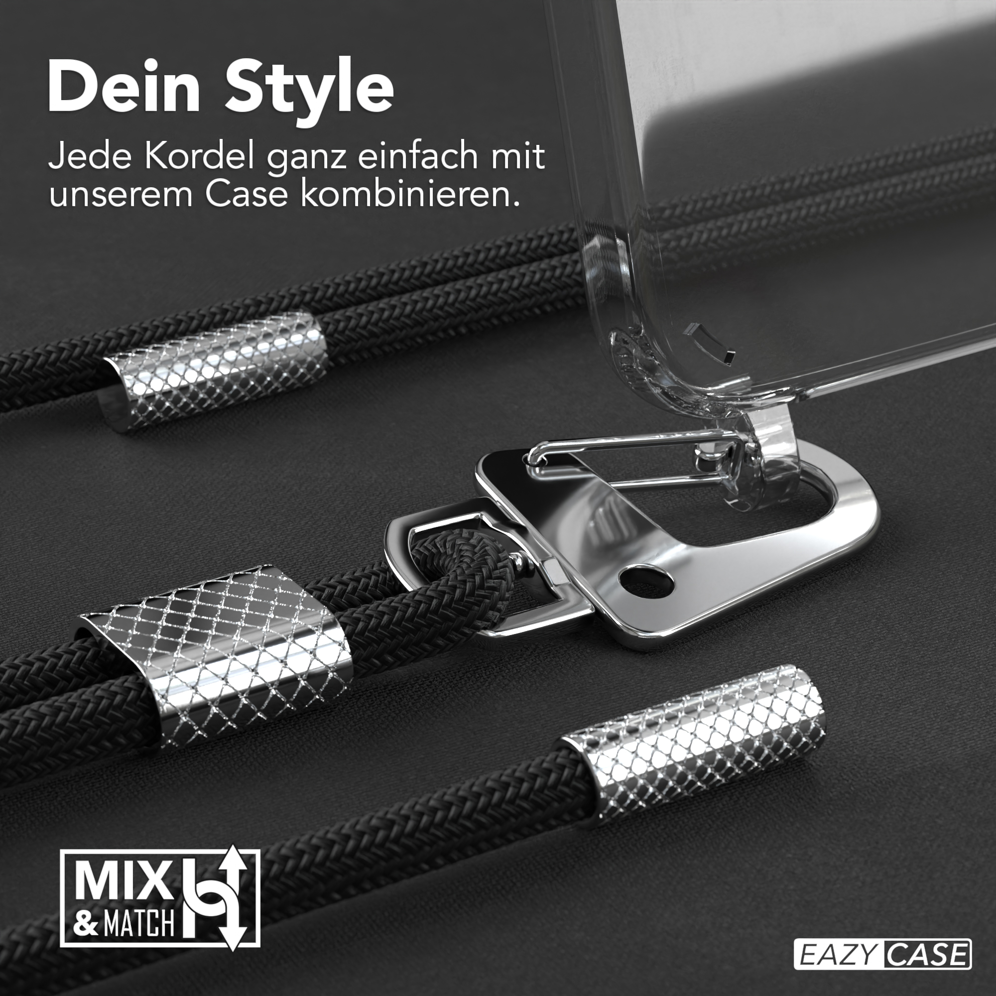 Handyhüllen-Zubehör, schwarze Schnur, silberne Verschlüsse.