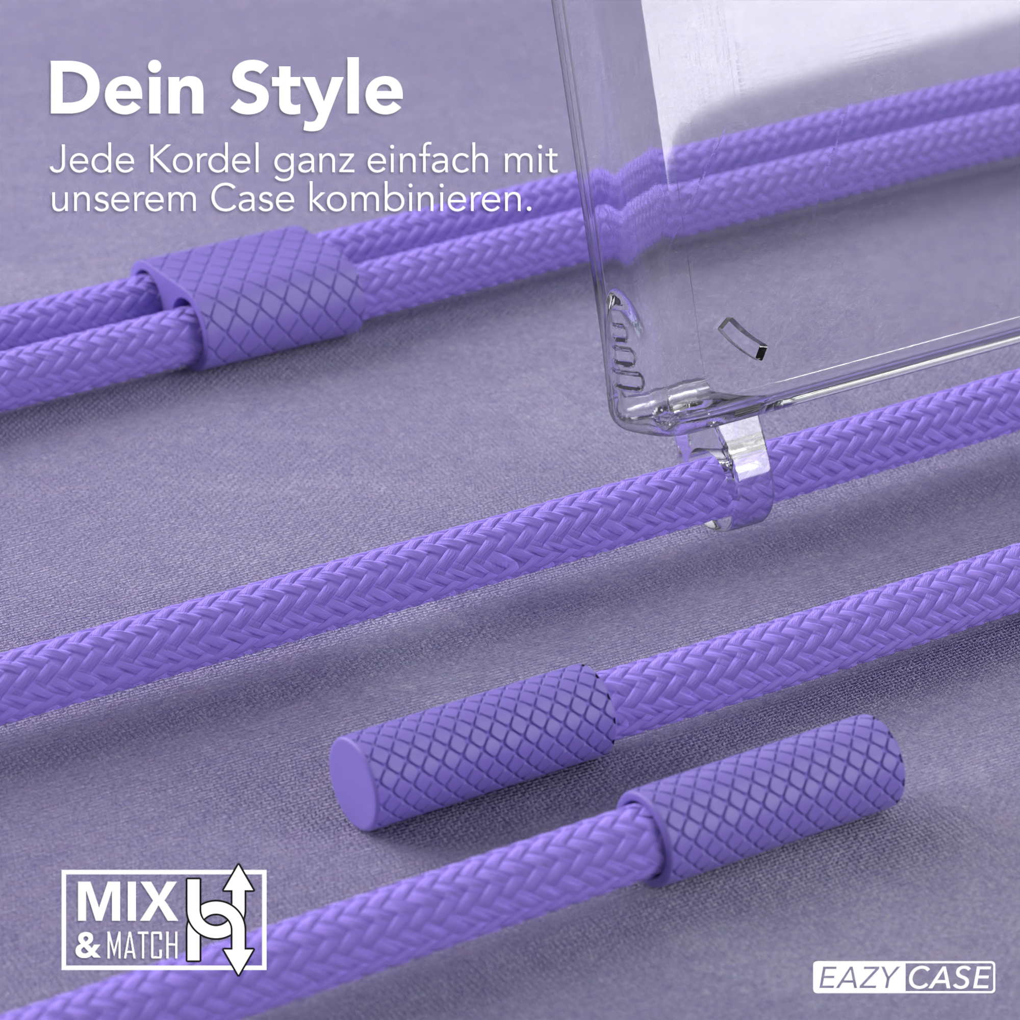 Transparente Handyhülle mit lila Kordeln. Produktaufnahme, Kordeln und Hülle zusammen.