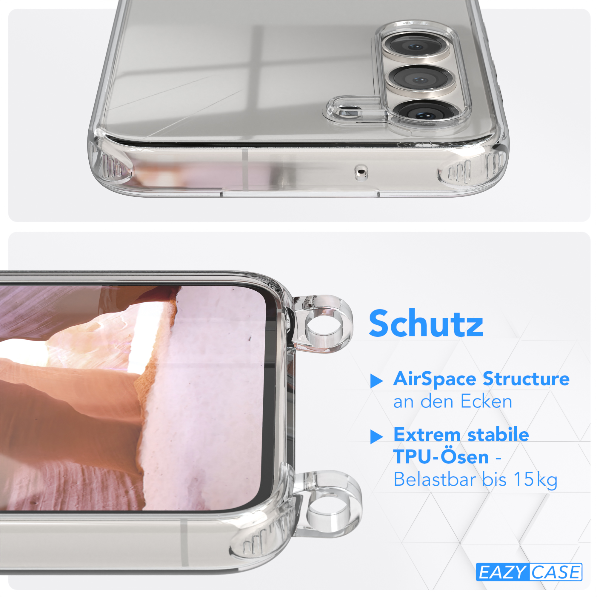 Transparente Handyhülle, Text mit Schutzmerkmalen und Markenname EAZY CASE.