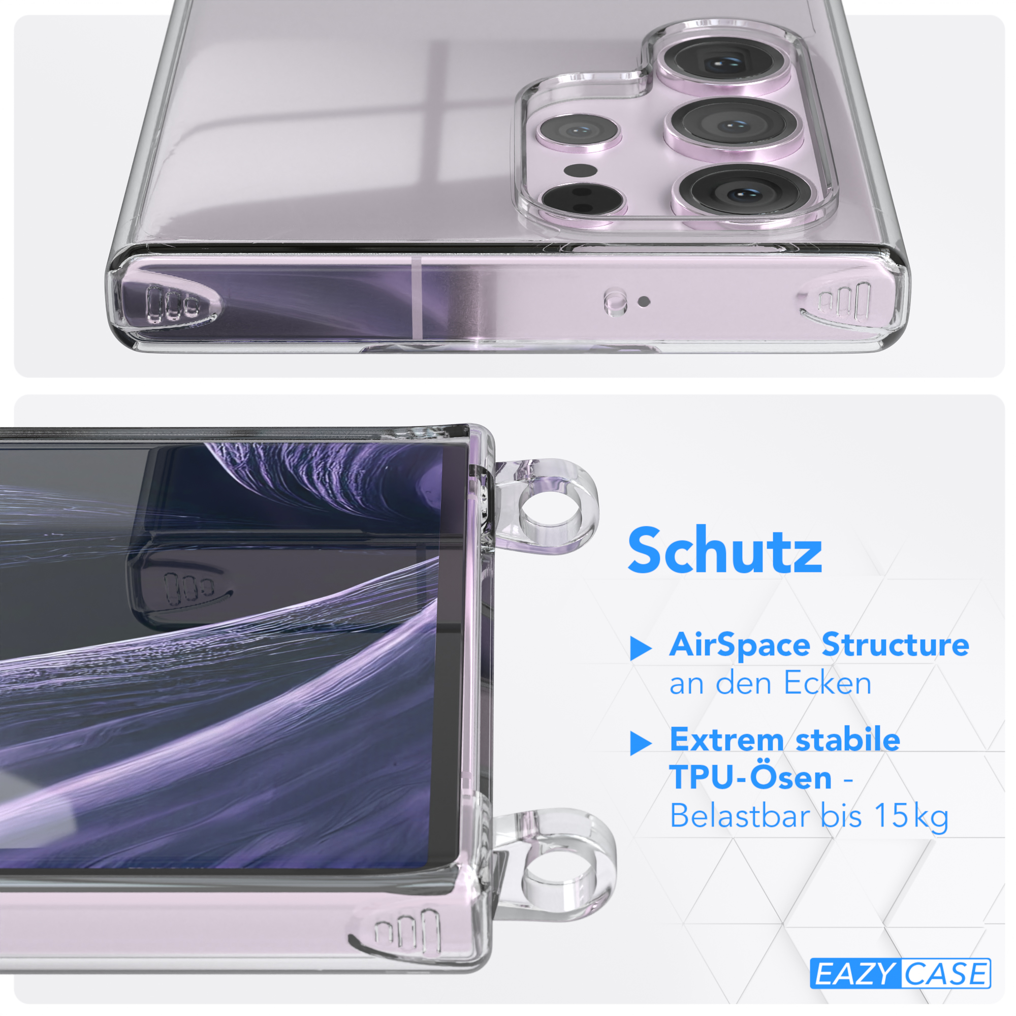 Klare Handyhülle mit Details zu AirSpace Structure und TPU-Ösen.