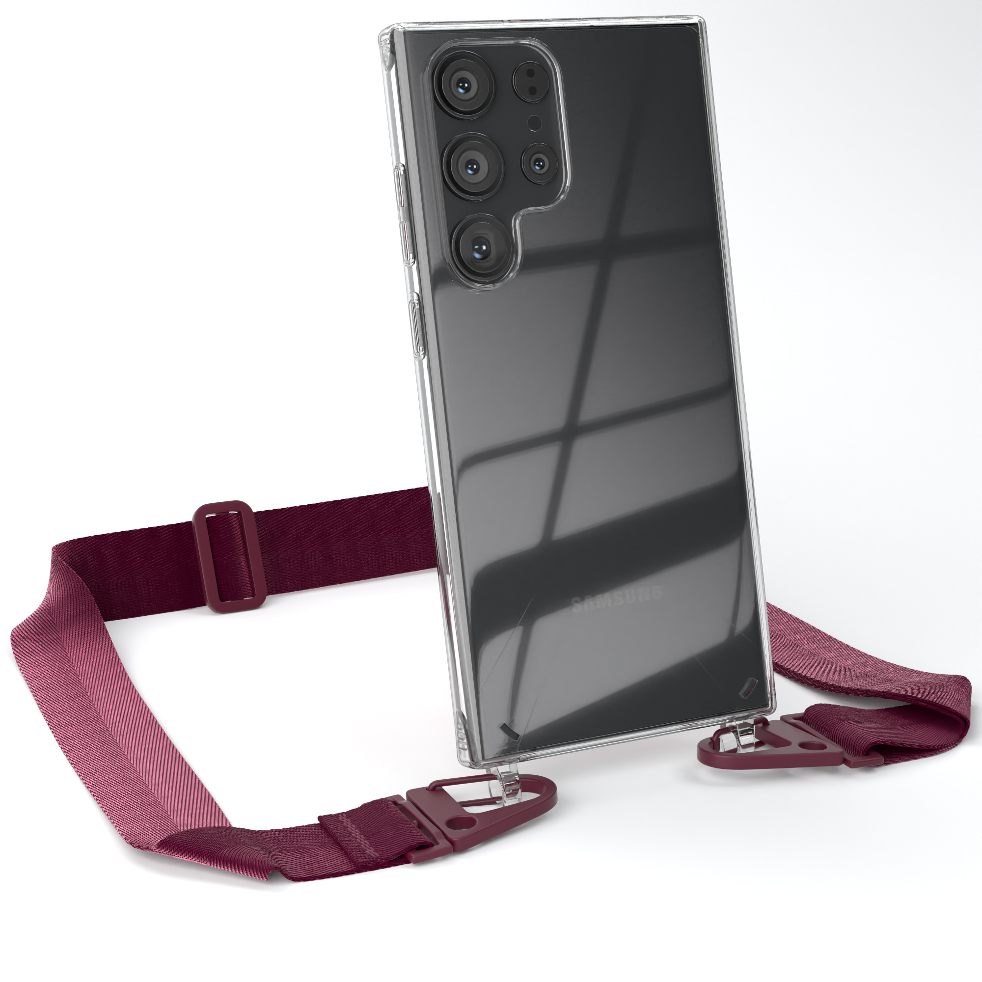 Telefon mit klarer Hülle und bordeauxfarbenem Riemen. Samsung-Logo sichtbar.