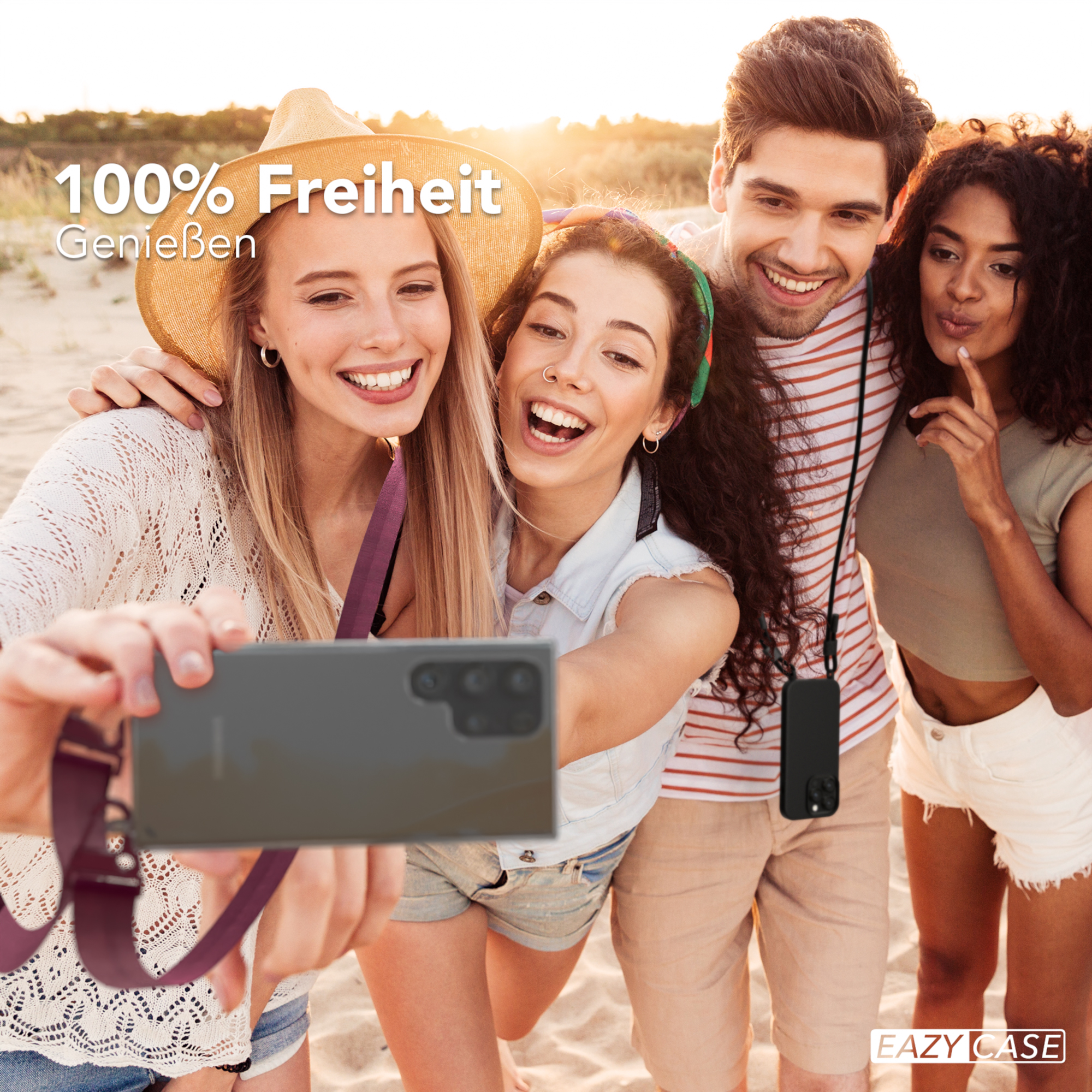 Freunde machen Selfie am Strand. Text: 100% Freiheit Genießen. EAZY CASE.