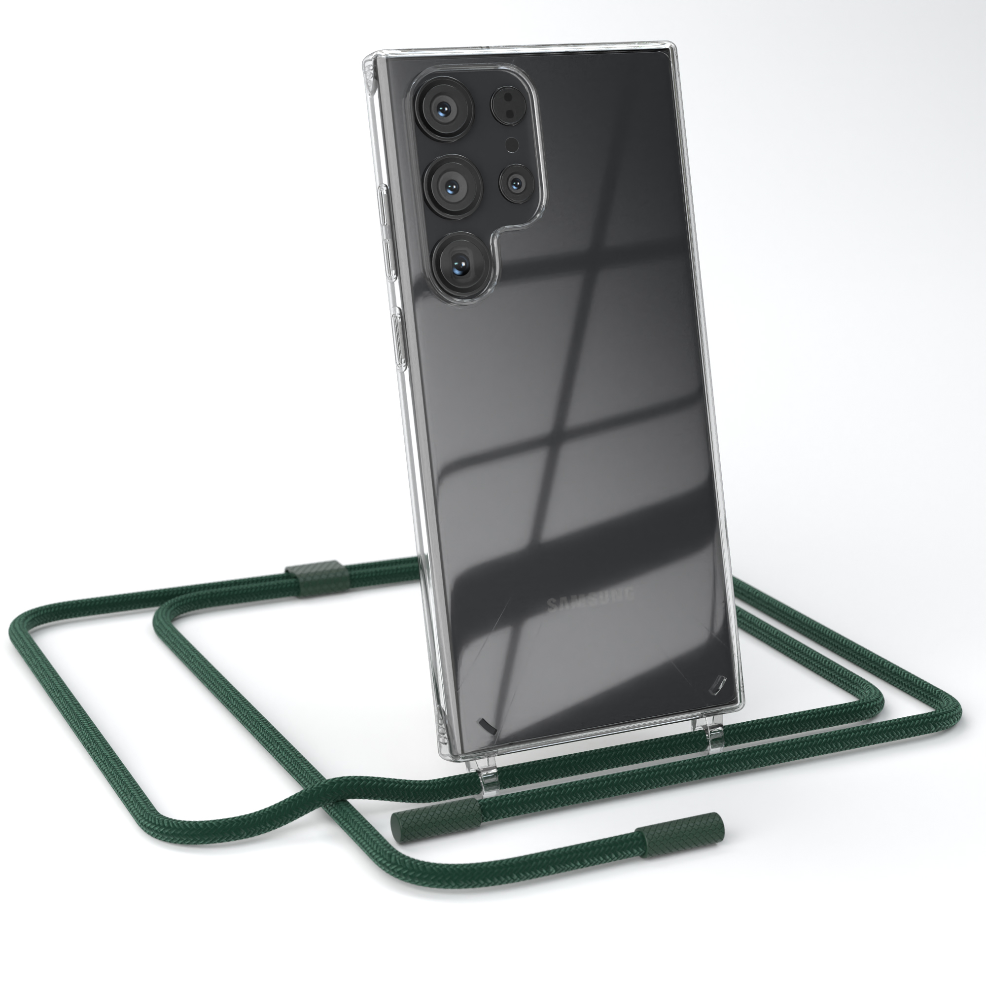 Transparente Handyhülle mit grünem Riemen. Weißer Hintergrund.