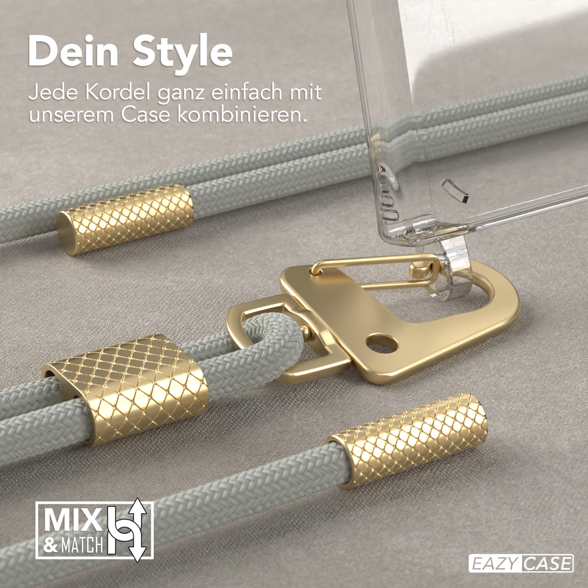 Nahaufnahme von Riemen und Verschlüssen, mit goldenen Akzenten und grauem Stoff.