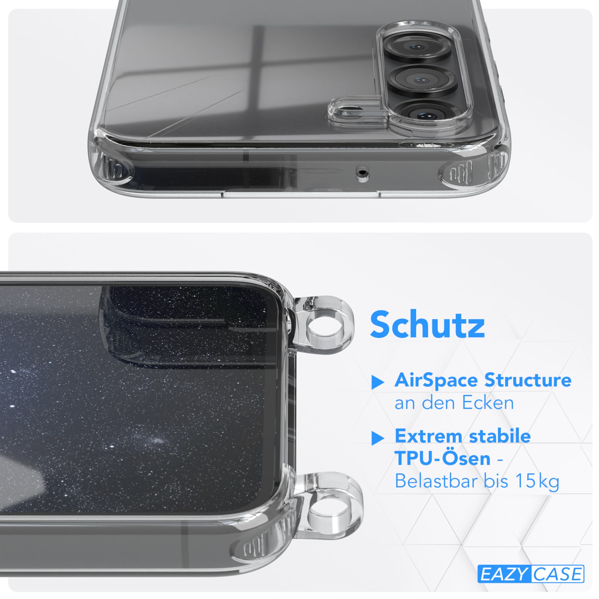Transparente Handyhülle mit Telefon. Hülle hat Schutzstruktur an den Ecken.