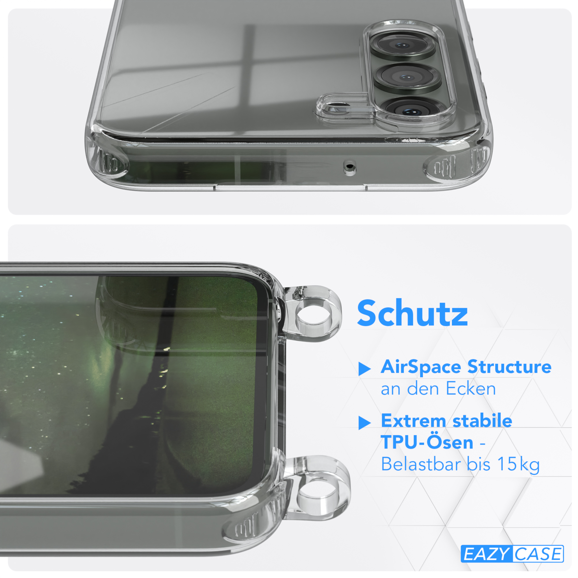 Transparente Handyhülle mit Schutzfunktionen, die ein Telefon im Inneren zeigt.