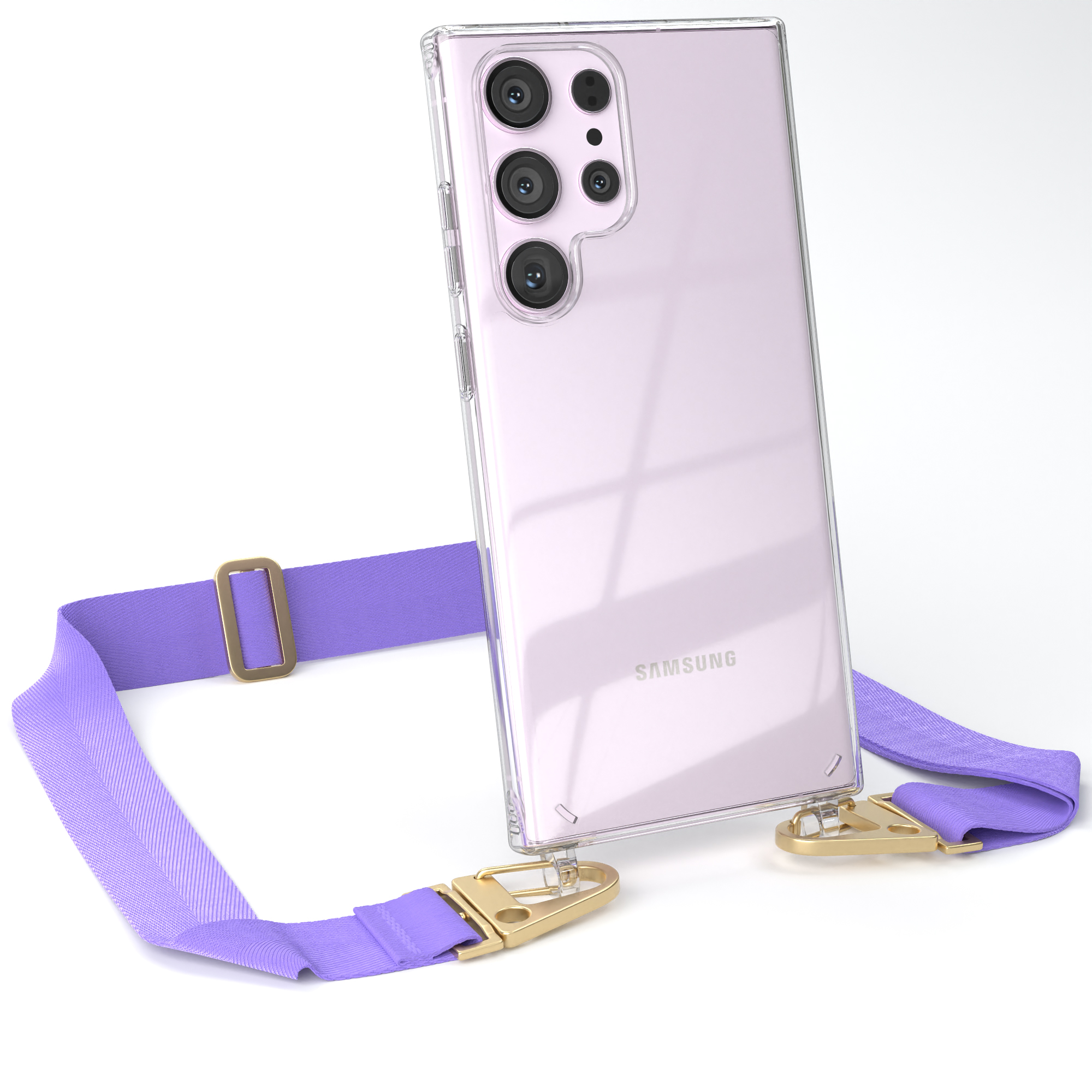 Ein Telefon in einer durchsichtigen Hülle mit lila Riemen. Goldene Verschlüsse. Weißer Hintergrund.