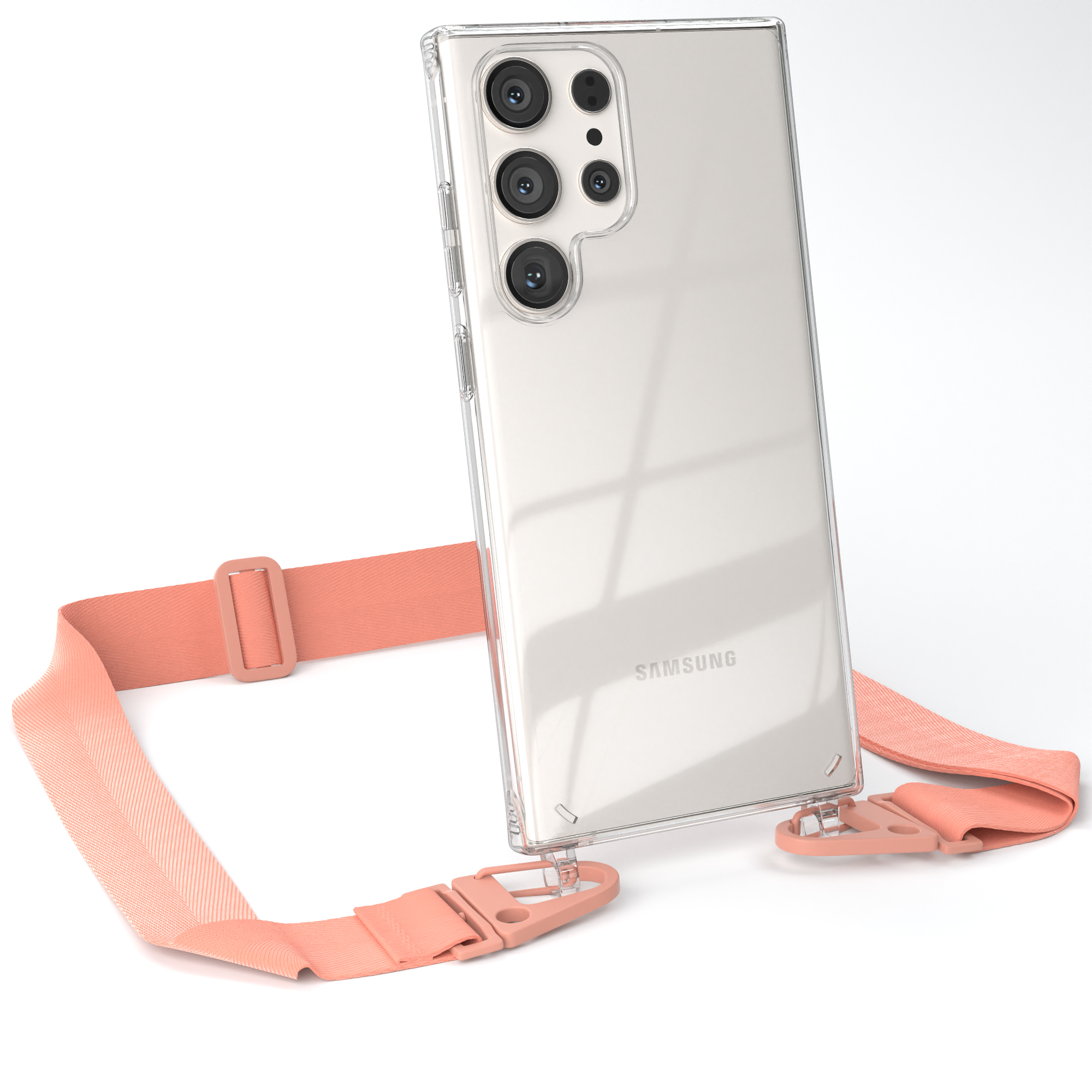 Samsung, EAZY Altrosa S23 Ultra, CASE / + breiter Kordel mit Karabiner, Coral Galaxy Handyhülle Transparente Umhängetasche,