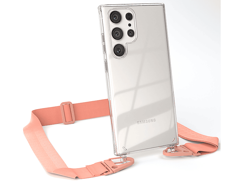 Samsung, EAZY Altrosa S23 Ultra, CASE / + breiter Kordel mit Karabiner, Coral Galaxy Handyhülle Transparente Umhängetasche,
