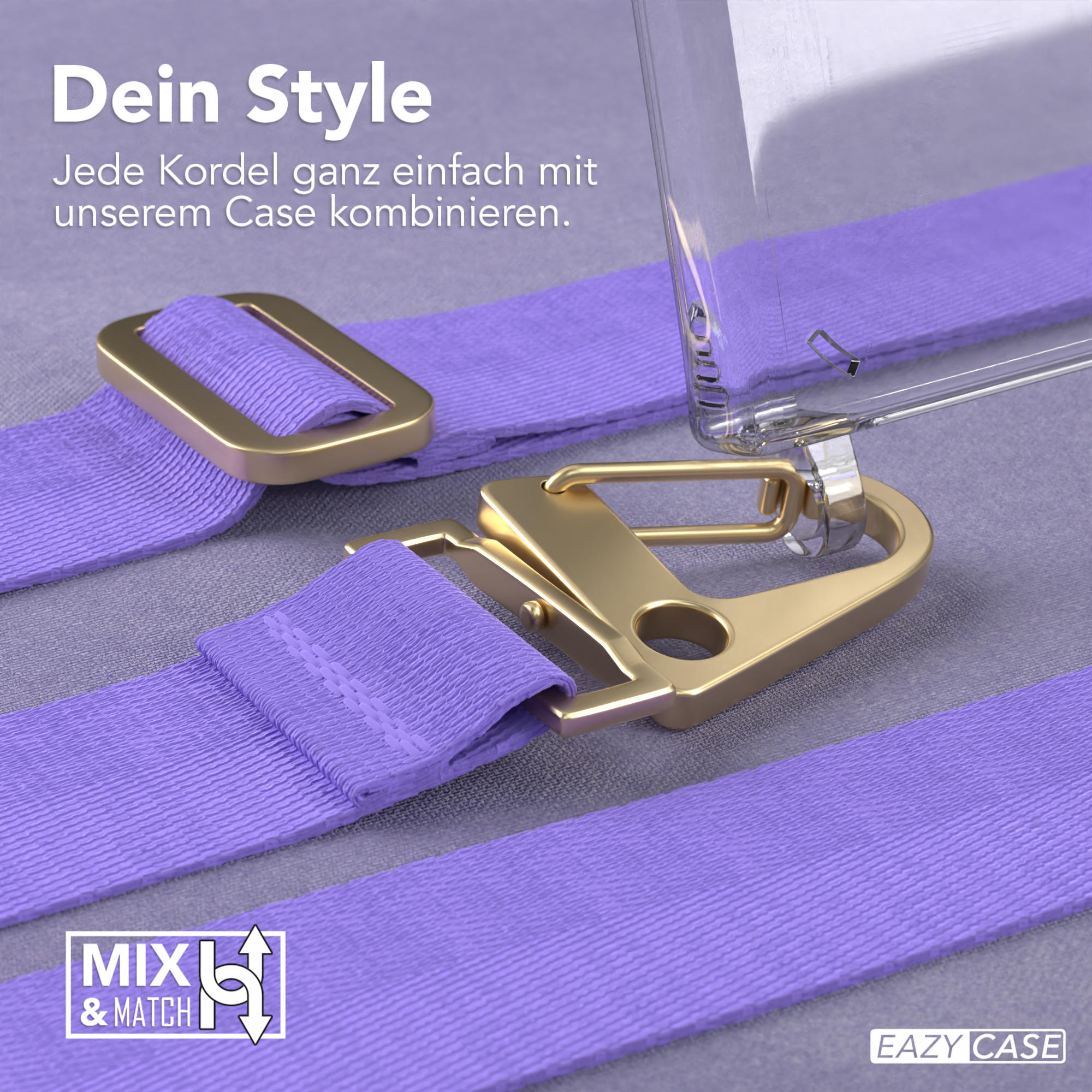 Lila Handyriemen und goldene Hardware auf hellem Hintergrund.