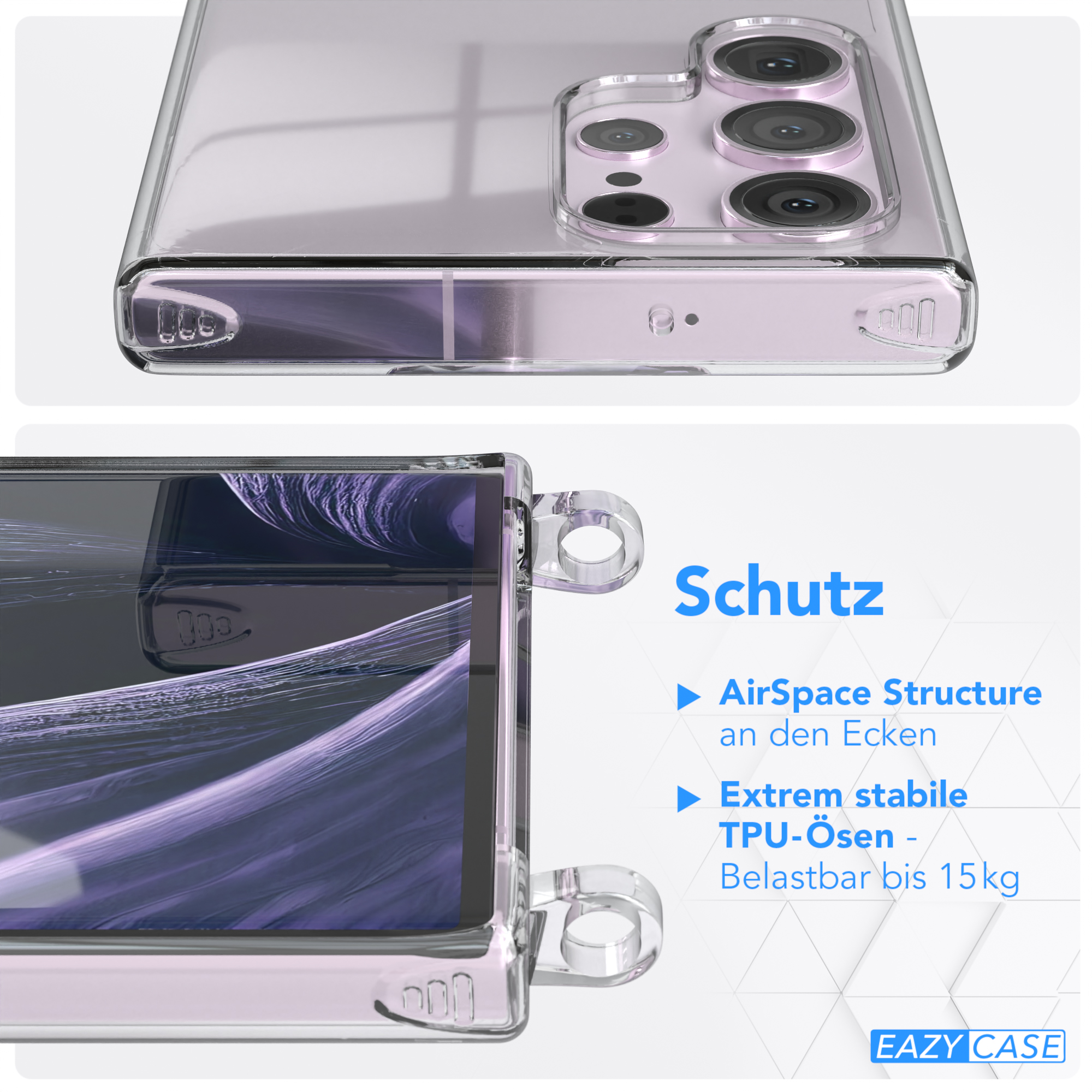 Transparente Handyhülle mit Ringschlaufen. Text: AirSpace Structure, stabile TPU-Ösen.