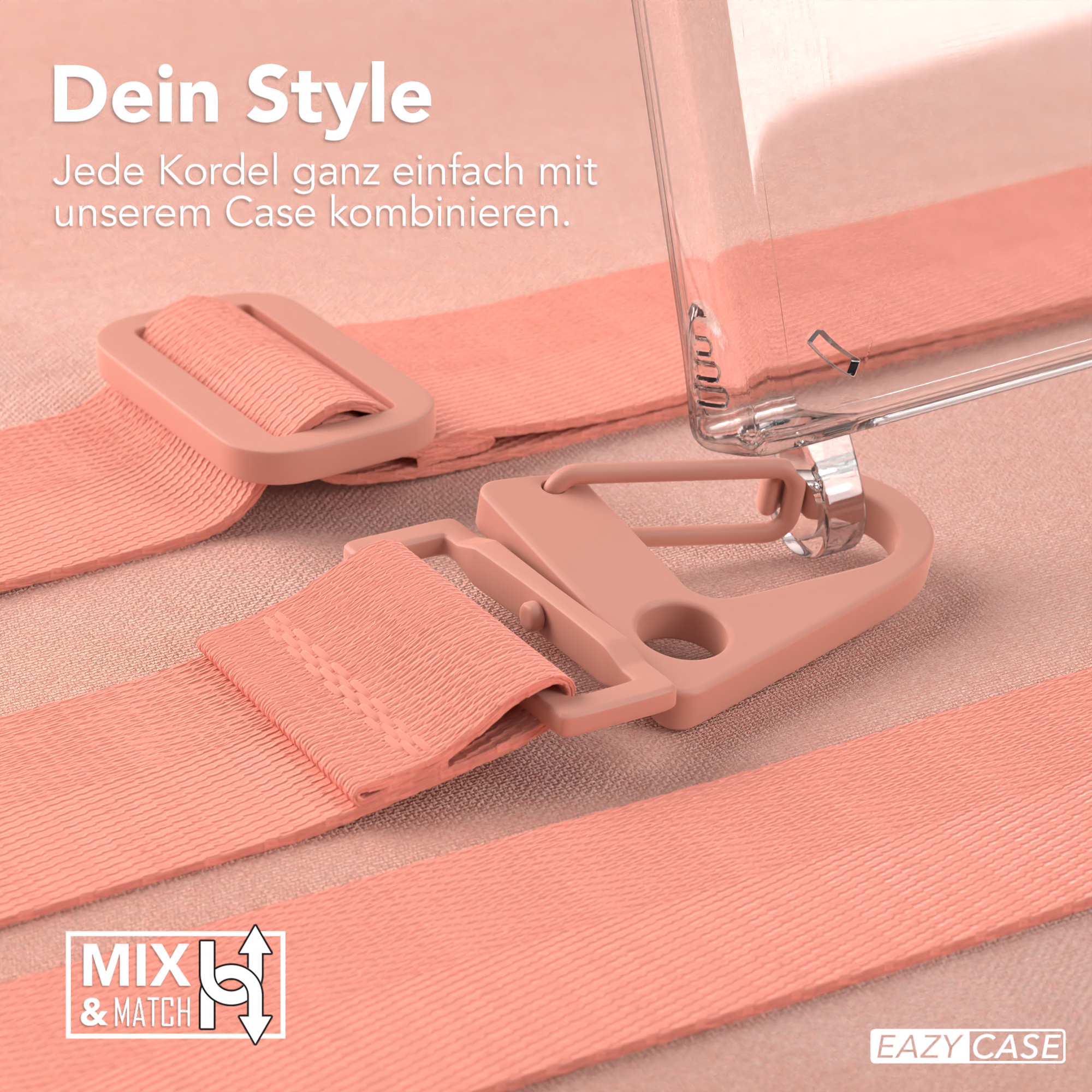 Rosa Handyband-Komponenten mit einer durchsichtigen Handyhülle. Text sagt 'Mix & Match'.