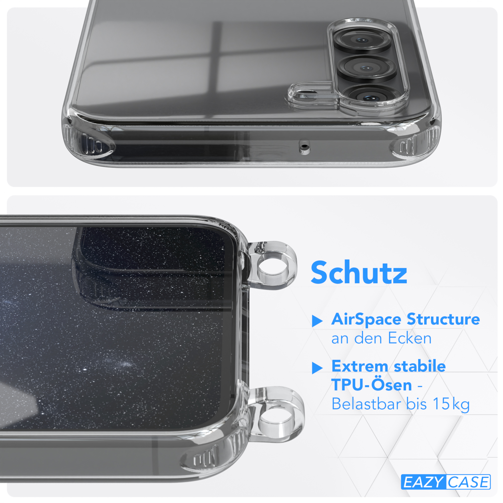 Nahaufnahme einer Handyhülle mit Telefon. Text: Schutz: AirSpace Structure, TPU-Ösen.