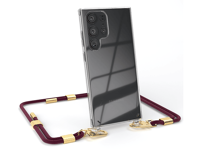 EAZY CASE Transparente Handyhülle mit Gold Samsung, Umhängetasche, runder Galaxy / Ultra, S23 Bordeaux Kordel + Karabiner