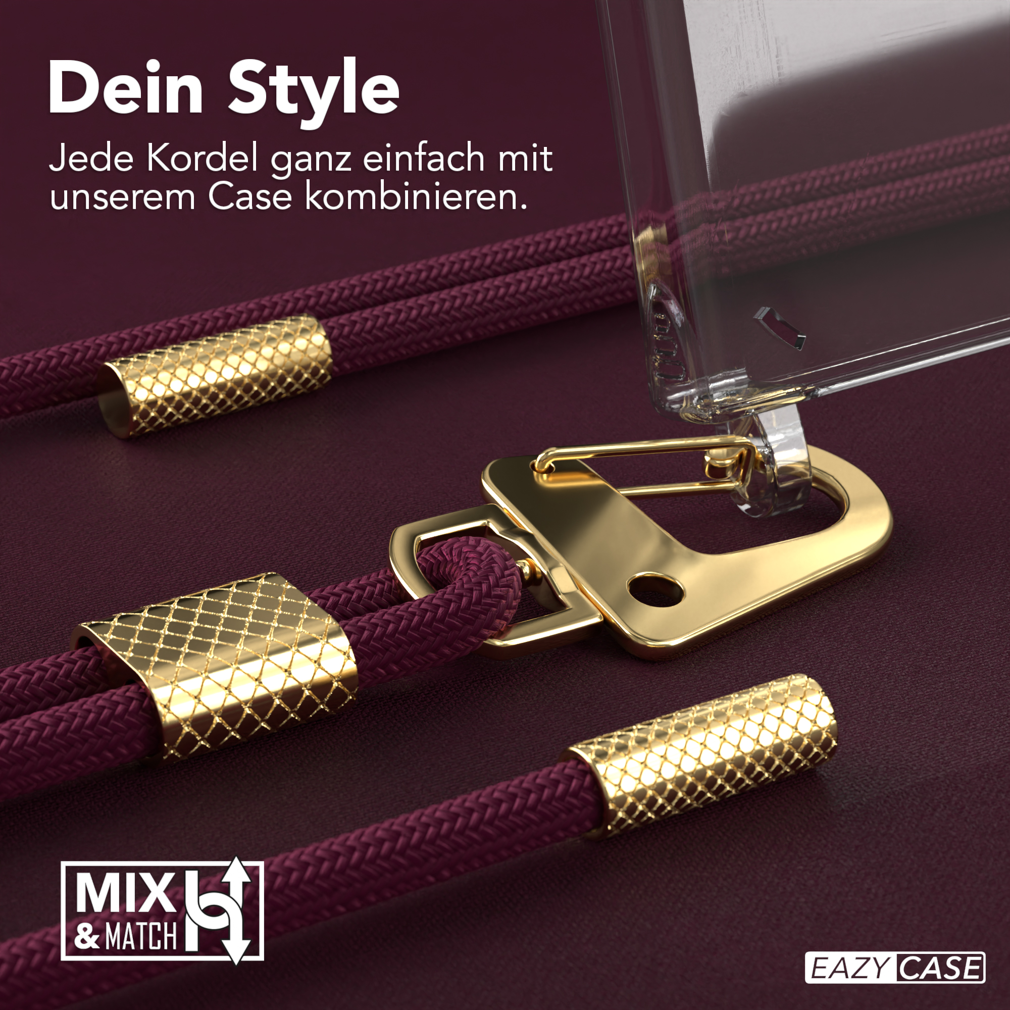 Nahaufnahme einer weinroten Handykordel mit goldenen Akzenten, Hülle und Haken, auf dunklem Hintergrund.