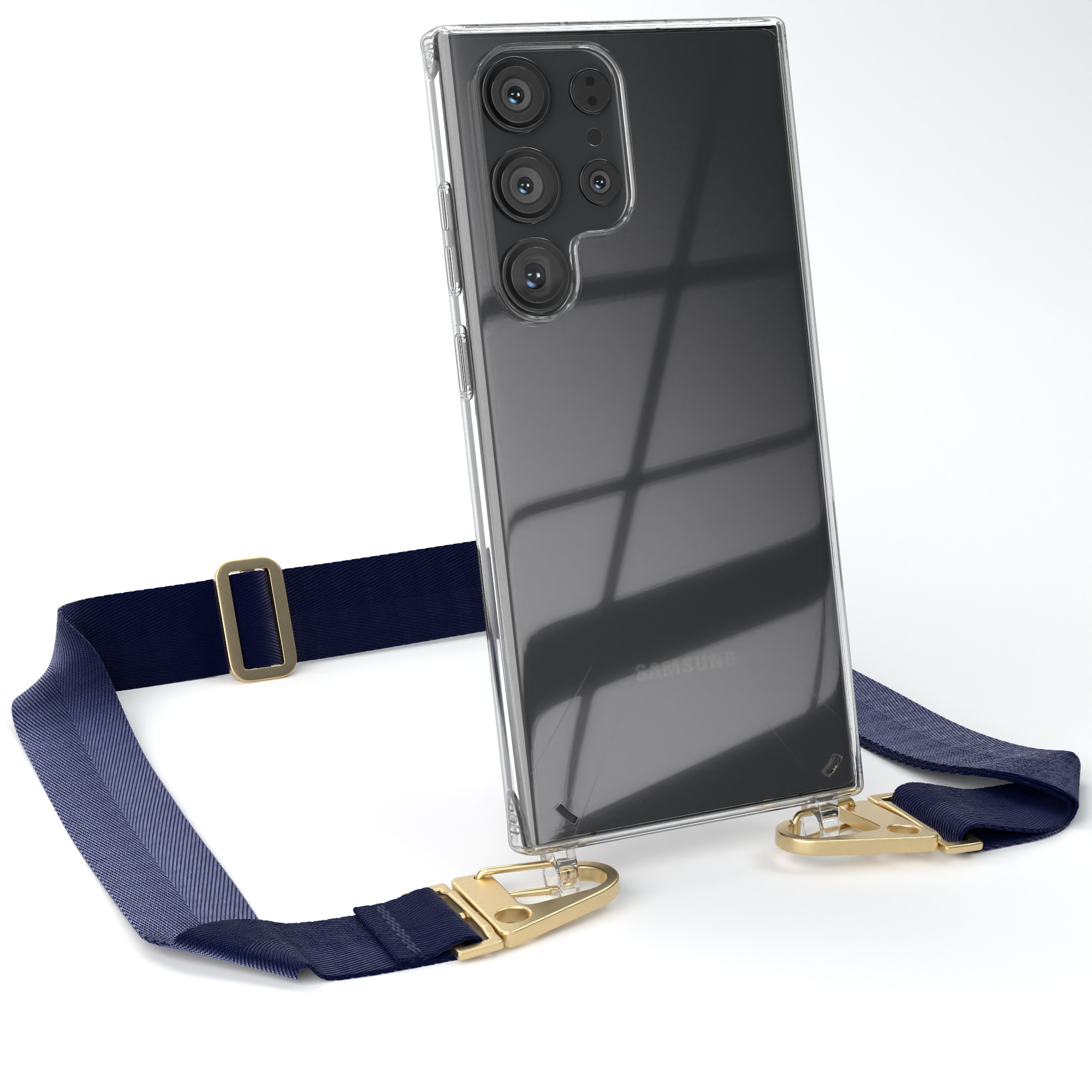 Transparente Handyhülle mit Kameralinsen und einem marineblauen Umhängeband mit goldener Hardware.