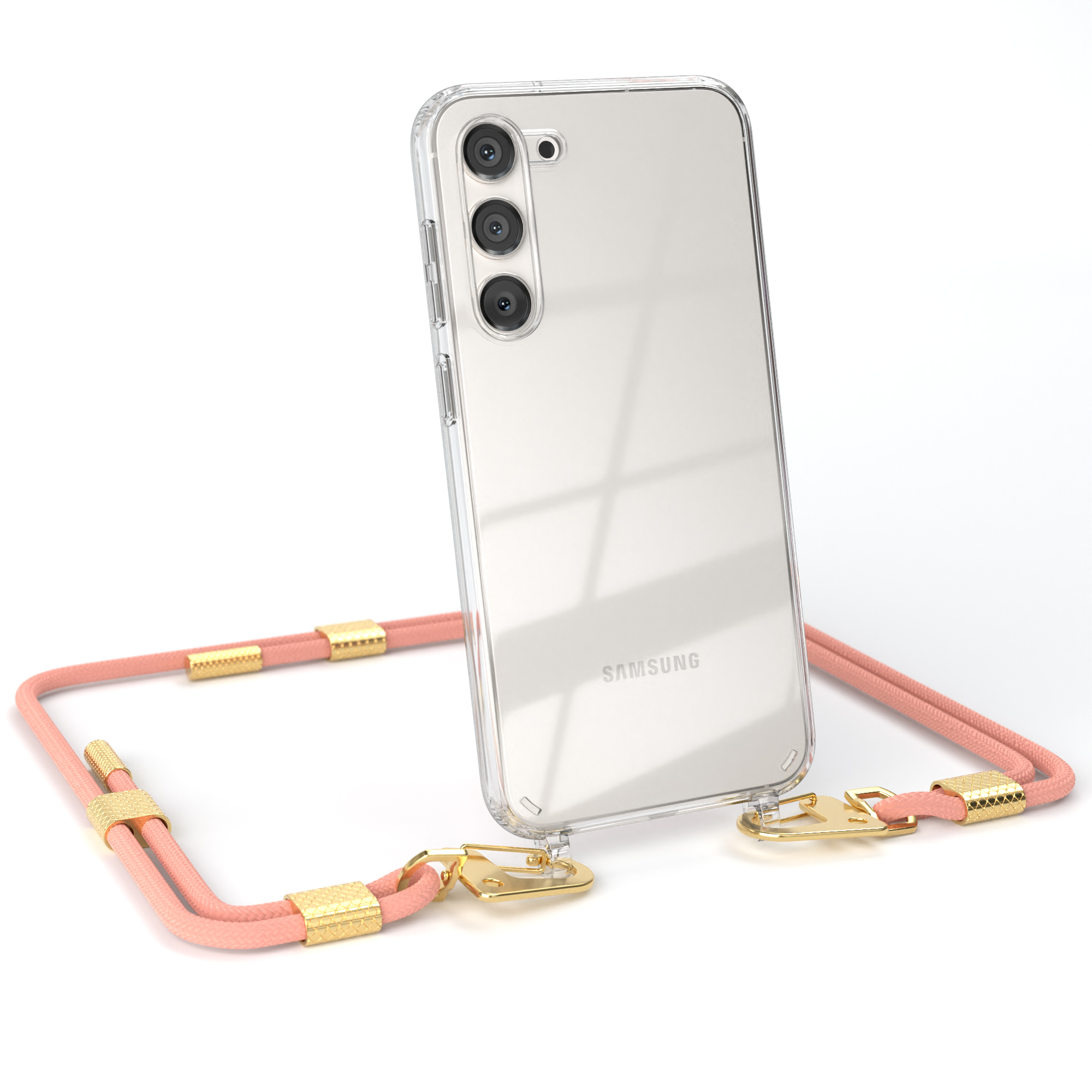 Eine transparente Handyhülle mit einem rosa Umhängeband. Auf dem Telefon ist ein Samsung-Logo zu sehen.
