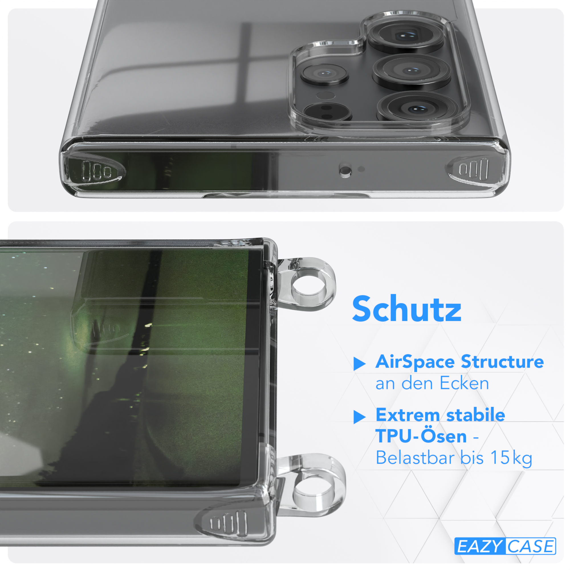 EAZY CASE Transparente Handyhülle mit Samsung, runder Nachtgrün S23 / Gold Kordel Galaxy + Karabiner, Ultra, Umhängetasche