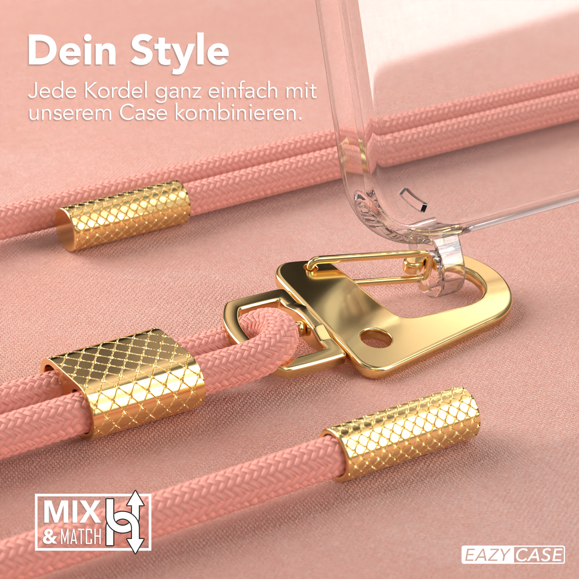 Nahaufnahme eines pinkfarbenen Telefonriemens und goldfarbenen Akzenten. Produktwerbung.