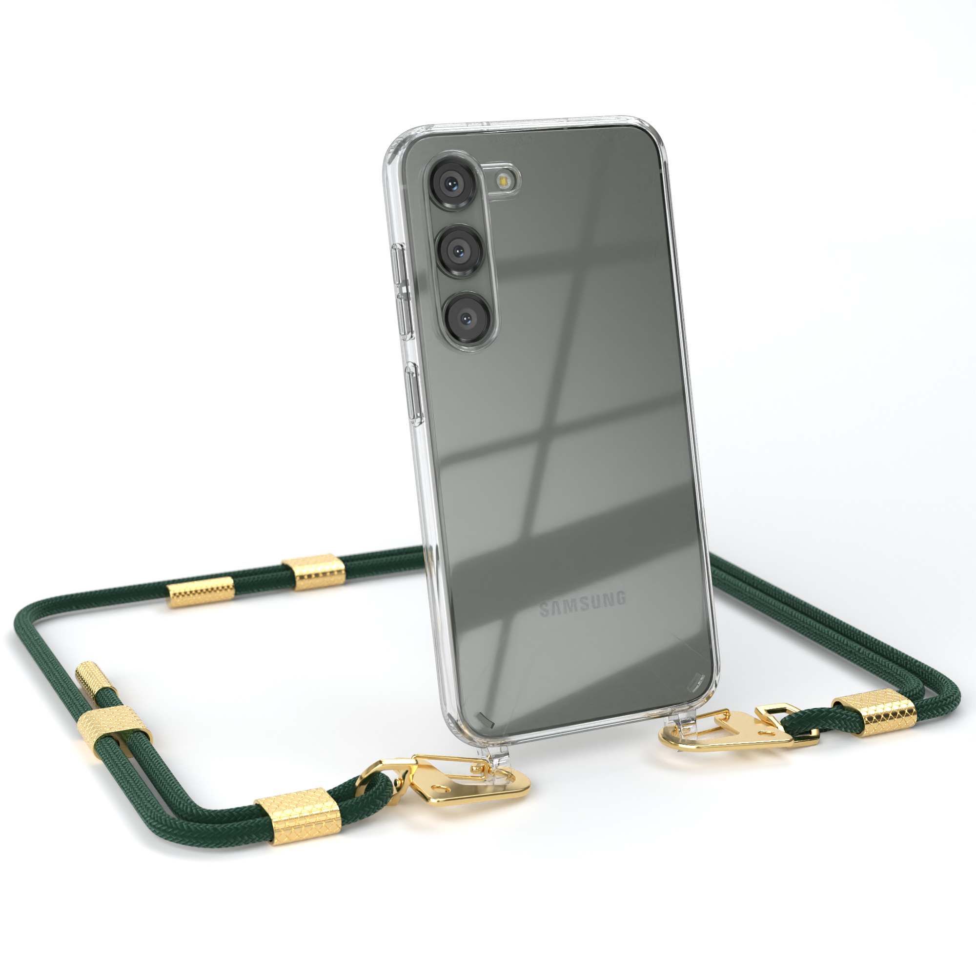 EAZY CASE Transparente Gold Nachtgrün Kordel Galaxy + / Handyhülle Samsung, mit Umhängetasche, runder Karabiner, S23