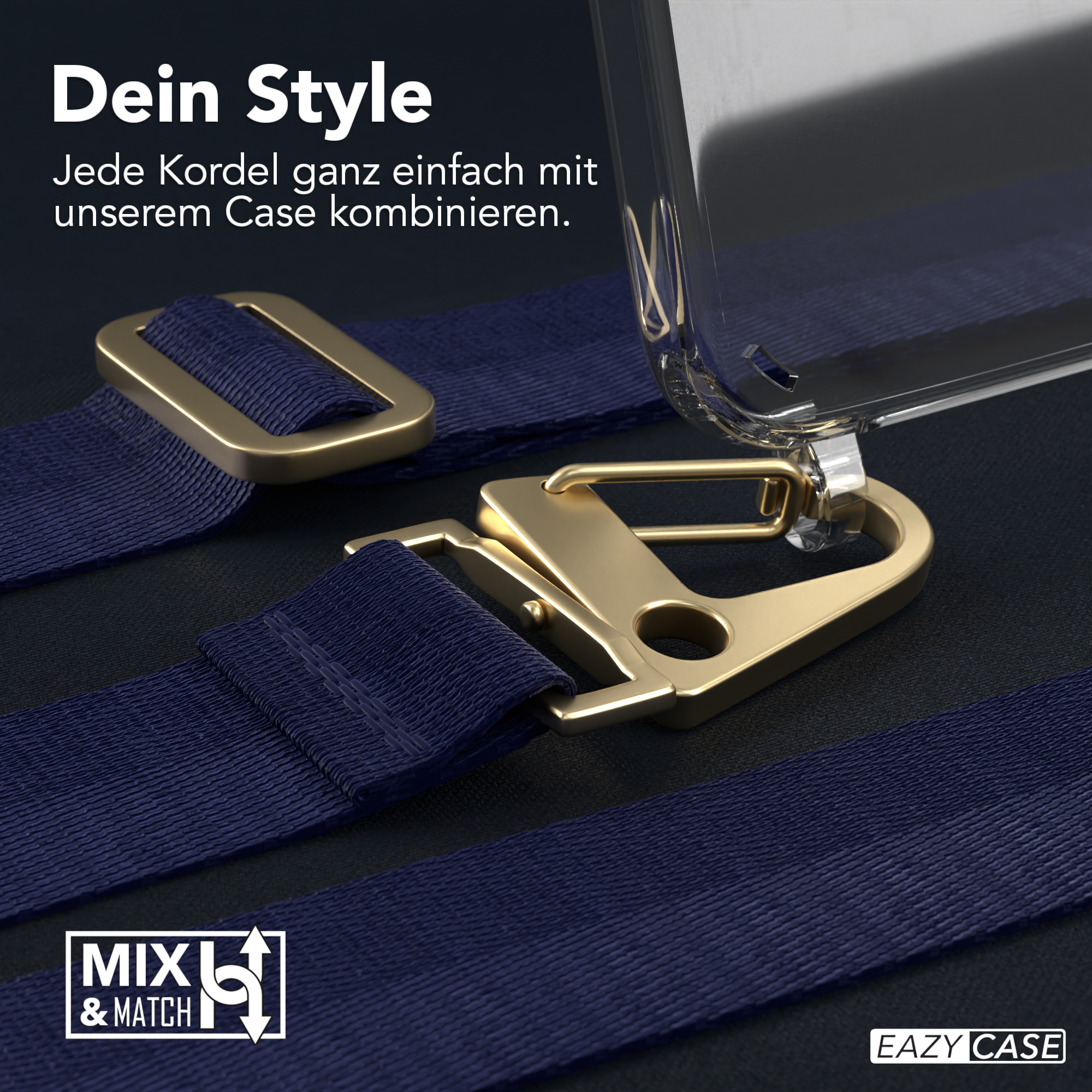 Nahaufnahme von blauen Trägern mit goldenen Verschlüssen und einer Handyhülle. Text: Mix & Match.