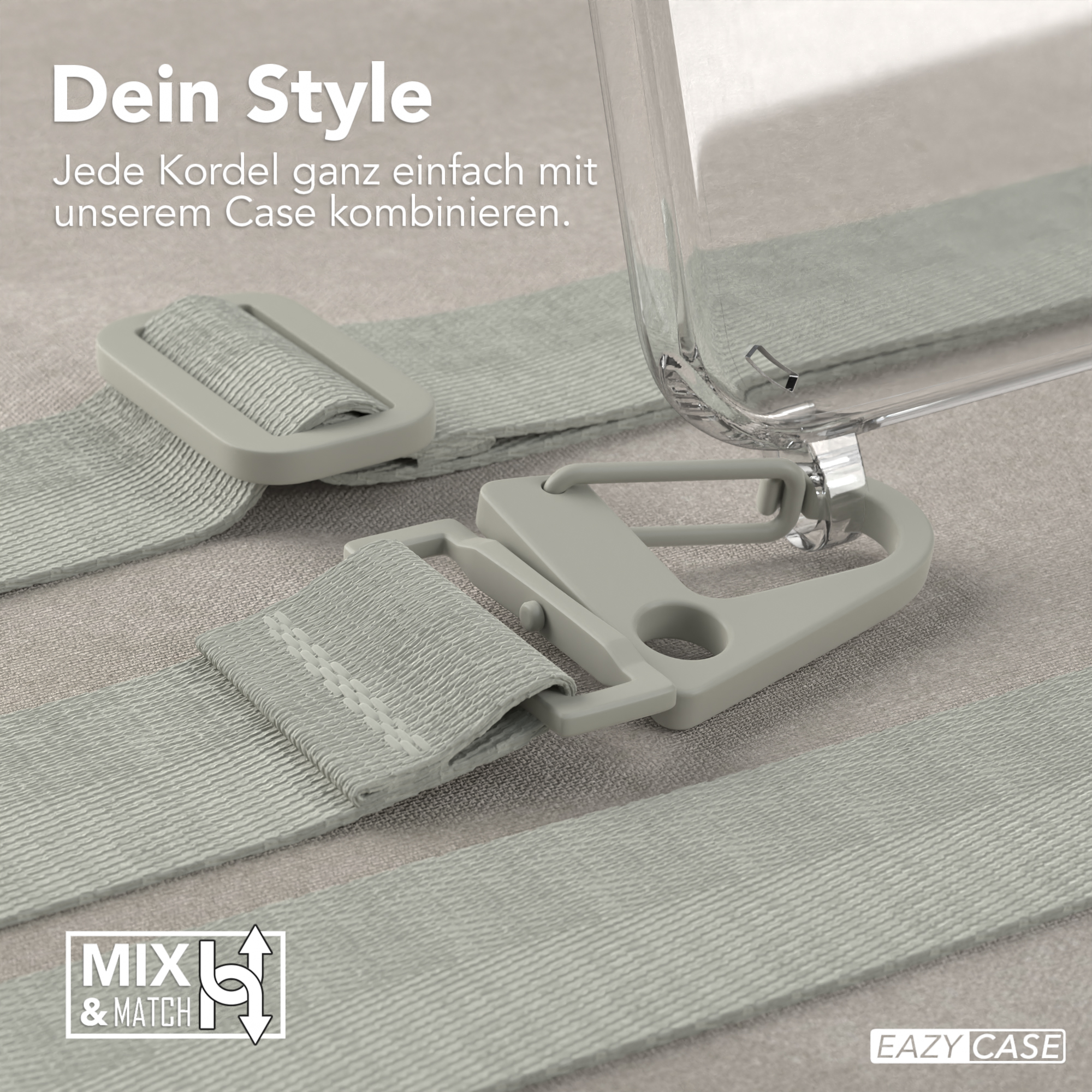 Nahaufnahme von Handyhüllenriemen und Schnallen. Text: Mix & Match, Eazy Case.