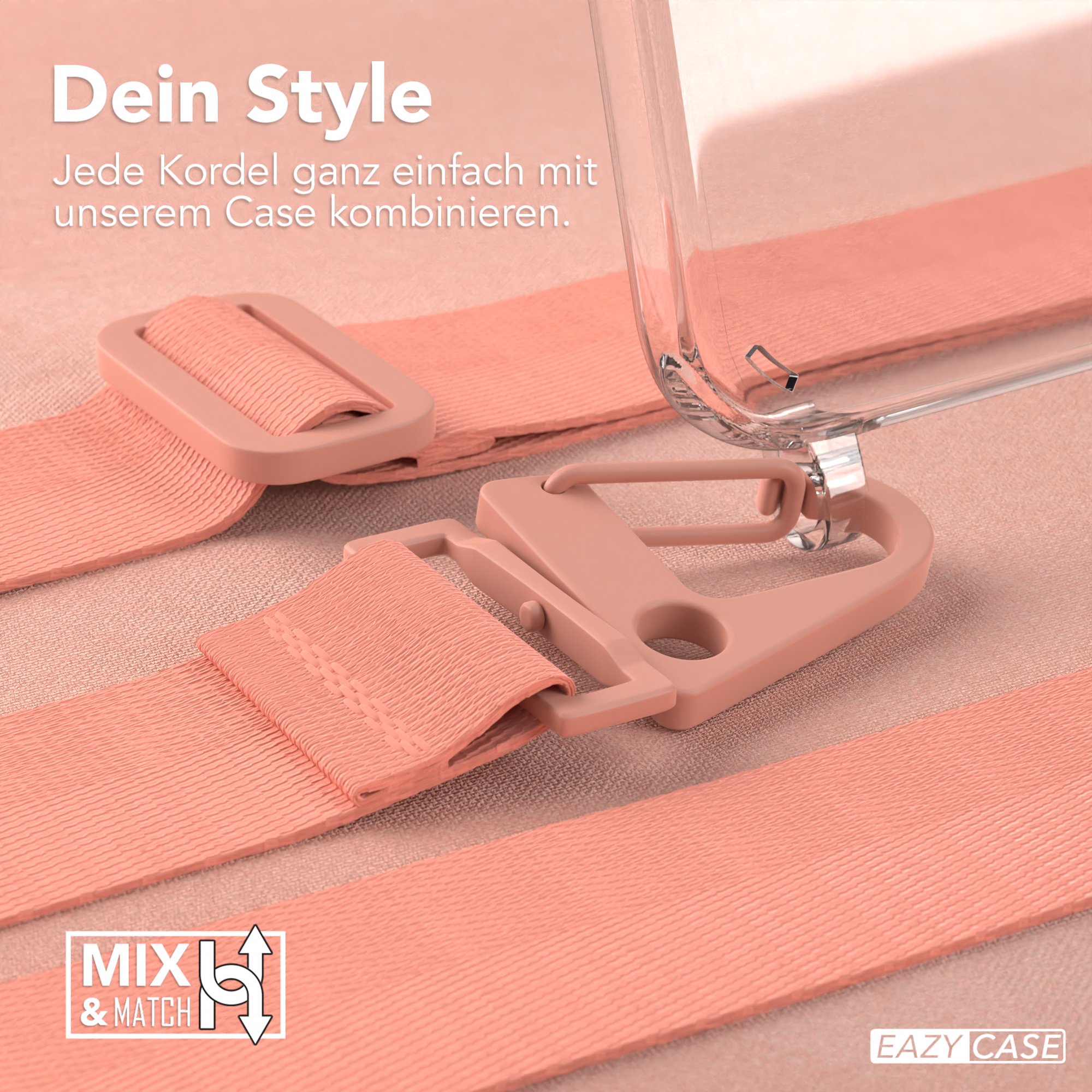 Handyhülle mit rosa Riemen und Metallschnallen. Rosa Hintergrund.