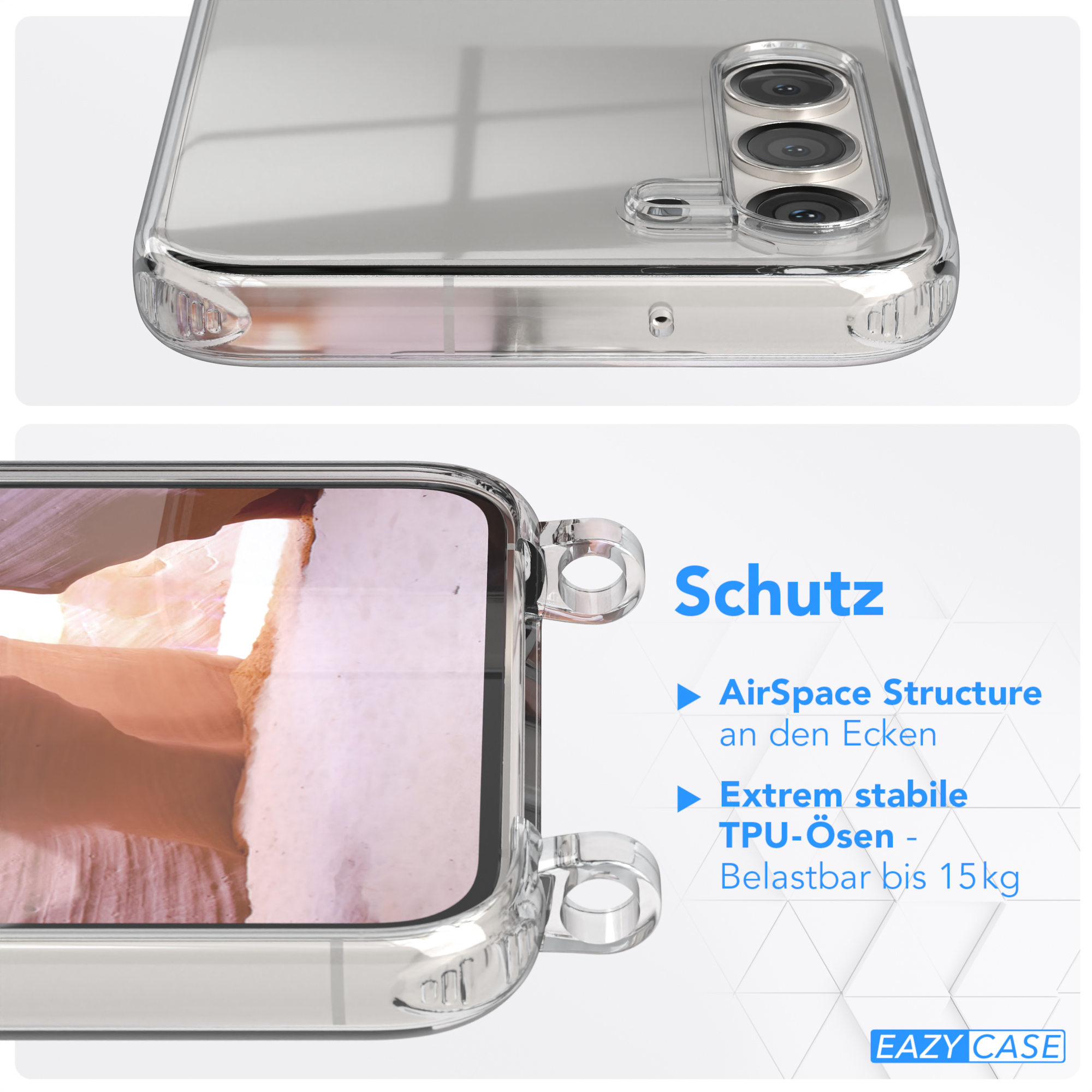 S23 EAZY + Altrosa Samsung, mit Handyhülle Transparente Karabiner, Coral Galaxy breiter Umhängetasche, / CASE Plus, Kordel