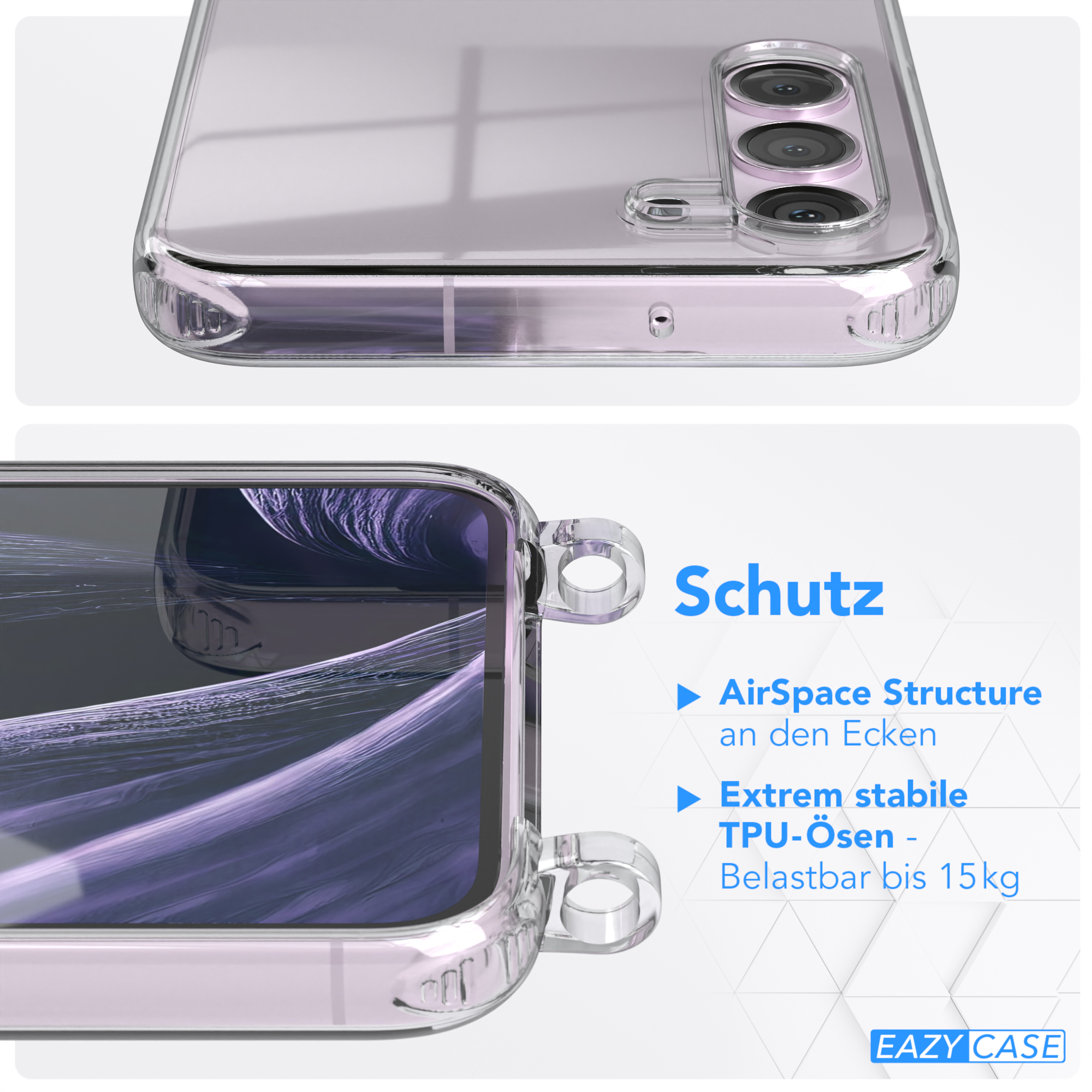 Galaxy Samsung, S23 Plus, breiter Transparente CASE Karabiner, EAZY Handyhülle / Flieder + Kordel Umhängetasche, Gold mit