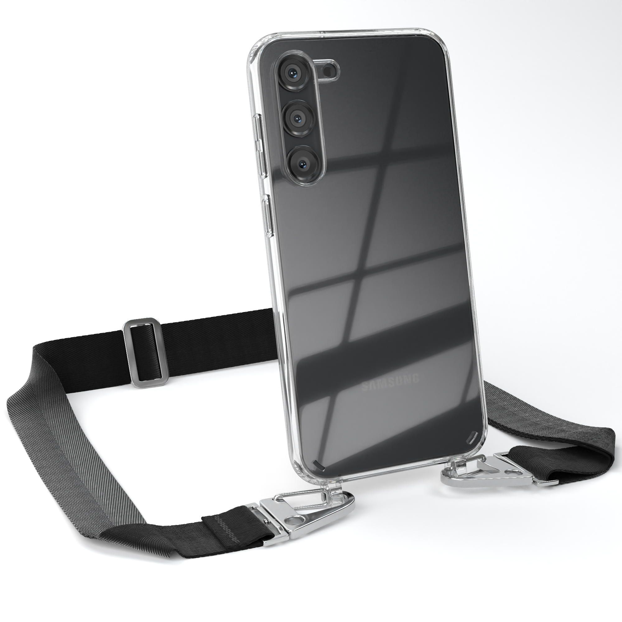 Schwarz + Umhängetasche, Transparente Handyhülle Silber / breiter Samsung, S23 EAZY CASE Galaxy Plus, Karabiner, Kordel mit