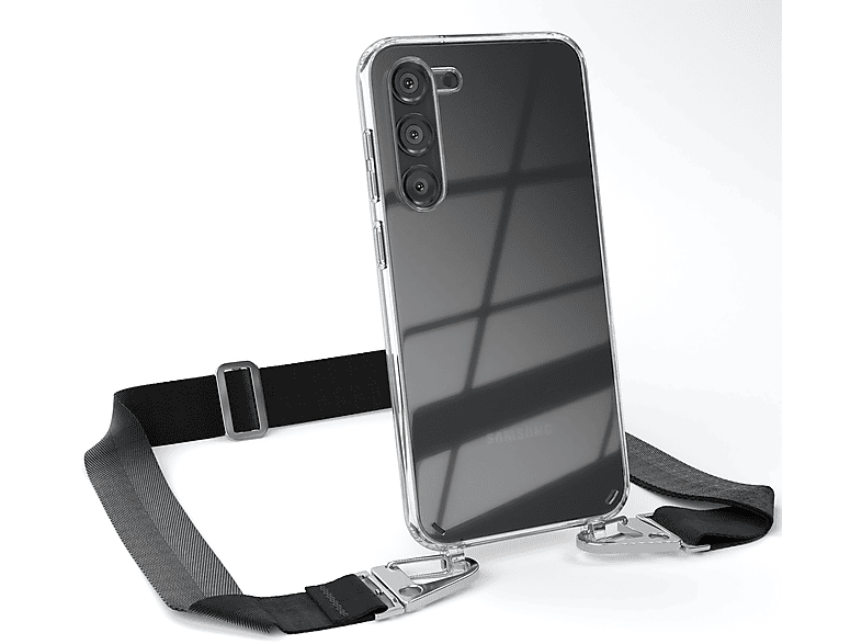 EAZY CASE Transparente Handyhülle mit breiter Kordel + Karabiner, Umhängetasche, Samsung, Galaxy S23 Plus, Schwarz / Silber